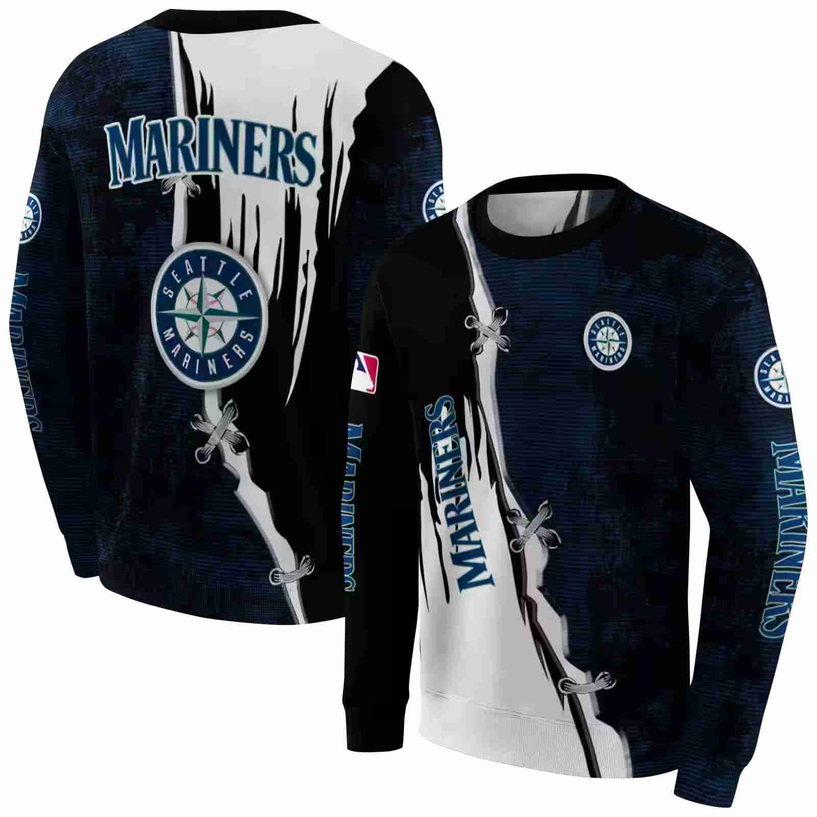 seattle mariners ripped pattern navy blue black white hoodie premium grade