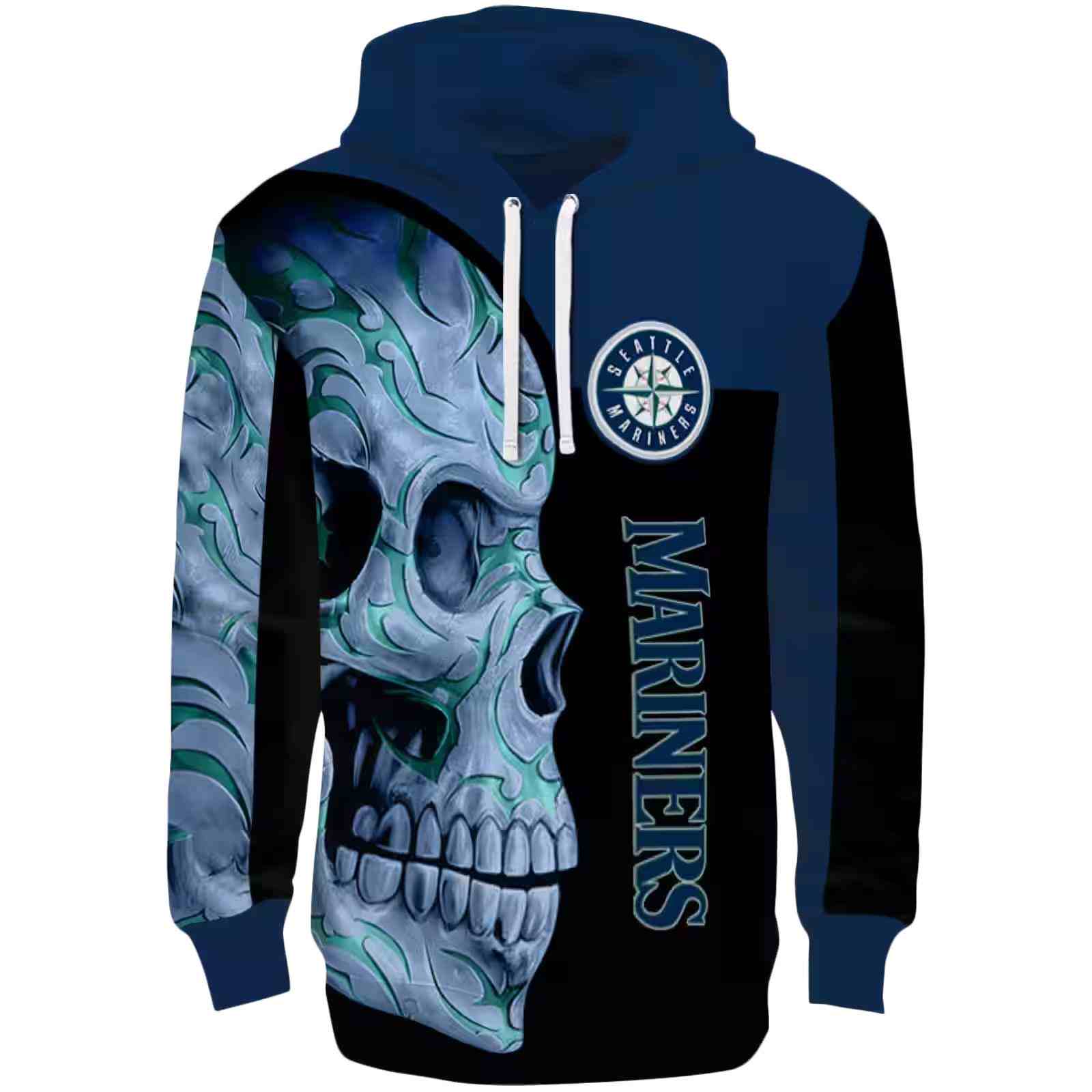 Seattle Mariners Skull Motif Navy Blue Black Hoodie