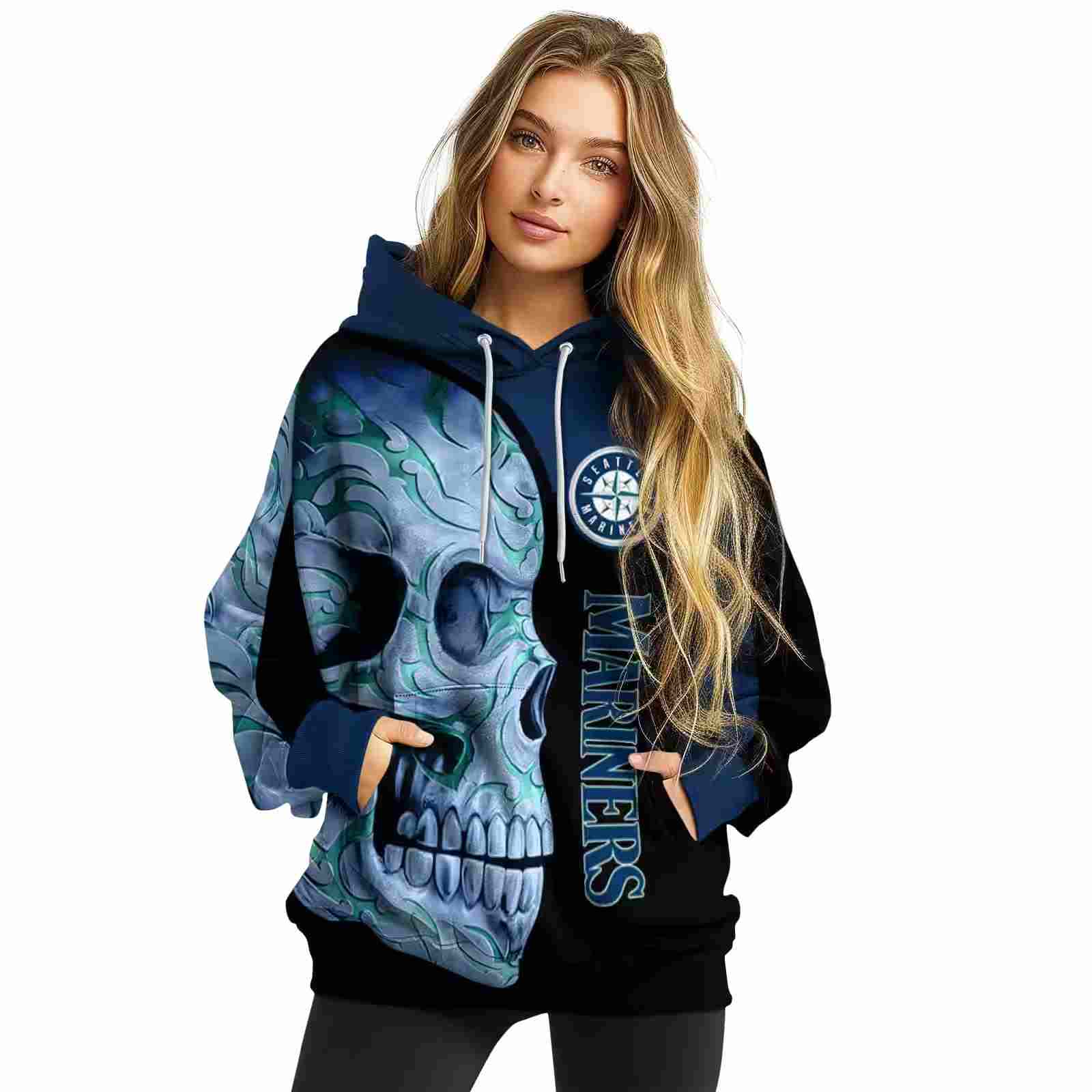 seattle mariners skull motif navy blue black hoodie high quality