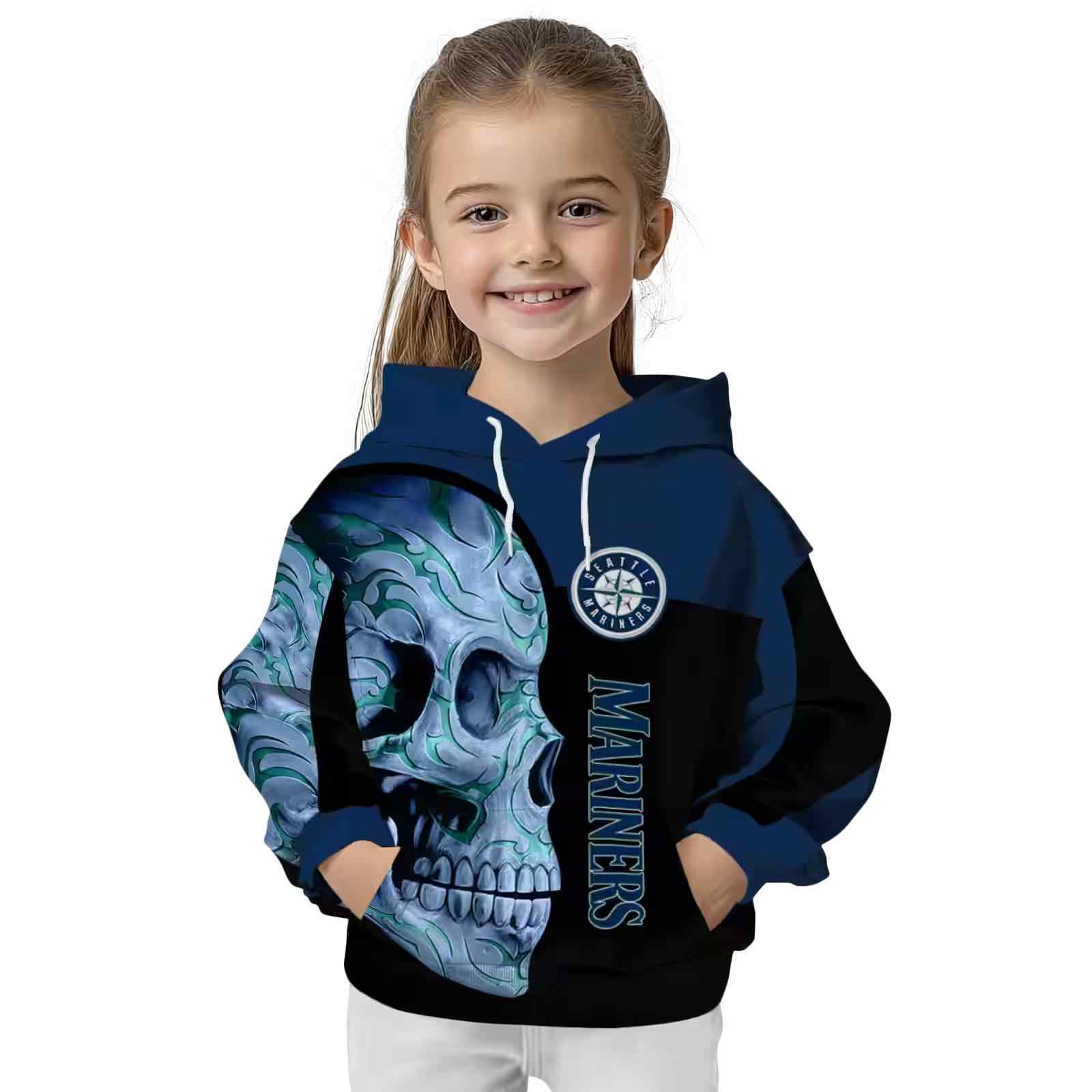 seattle mariners skull motif navy blue black hoodie top rated