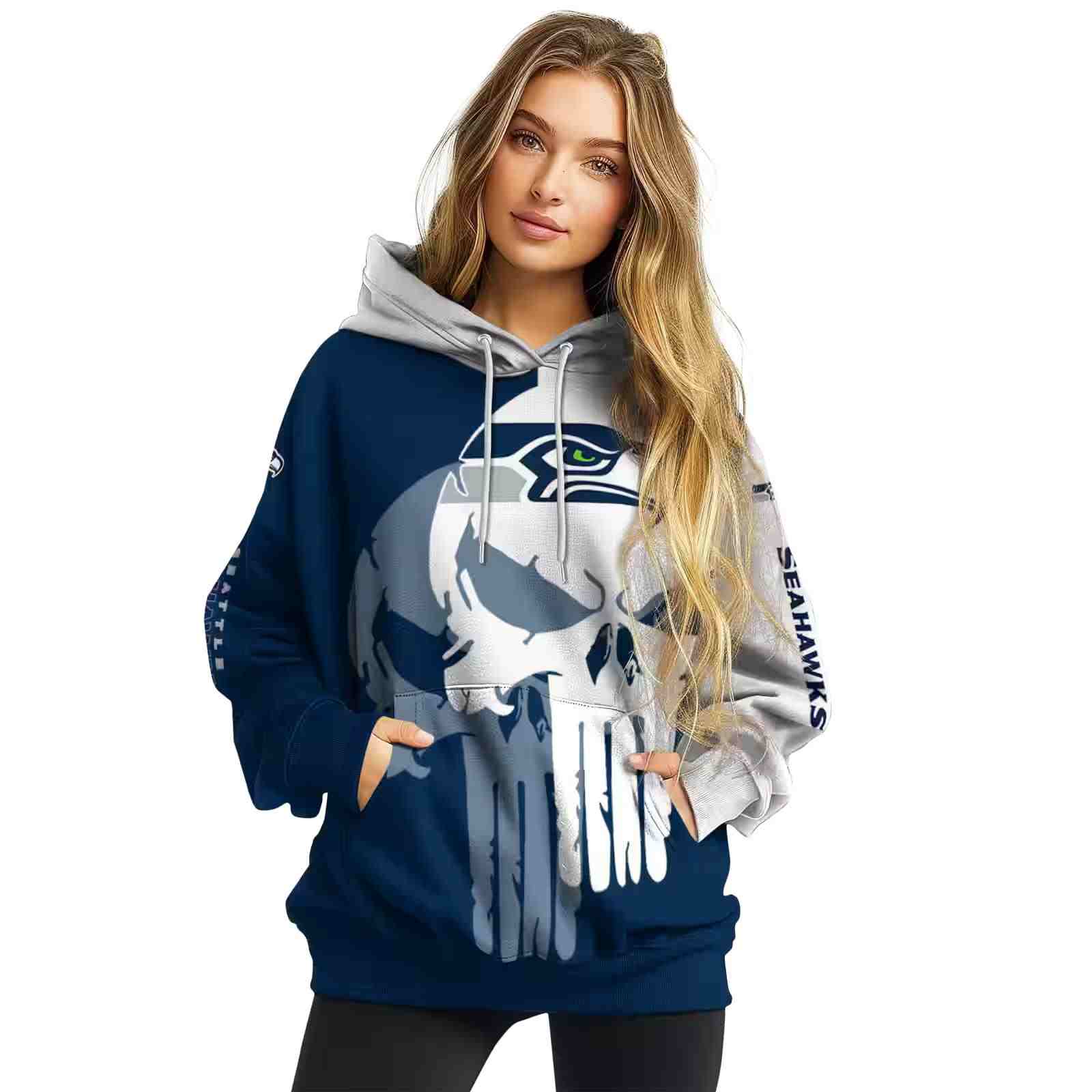 seattle seahawks graphic punisher blue white hoodie high quality