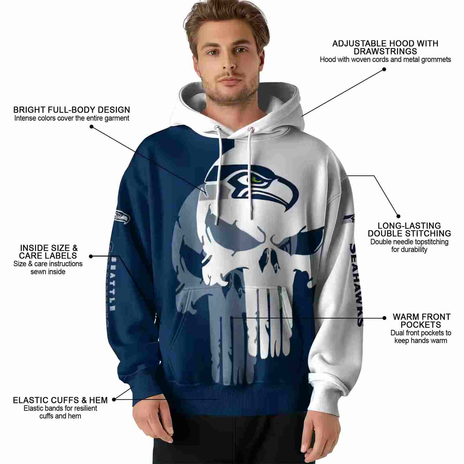 seattle seahawks graphic punisher blue white hoodie latest model