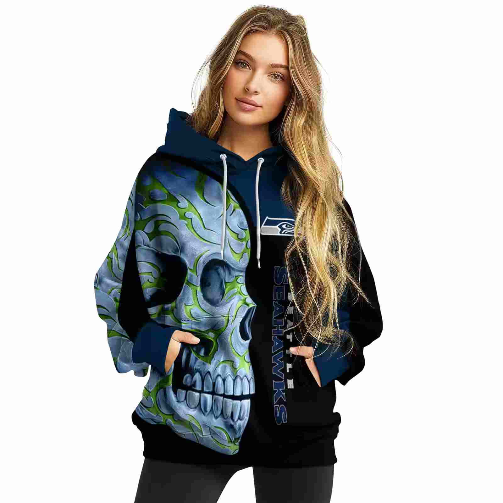 seattle seahawks skull motif blue black hoodie high quality