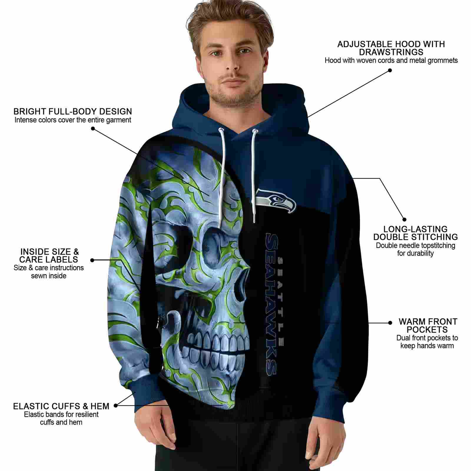 seattle seahawks skull motif blue black hoodie latest model