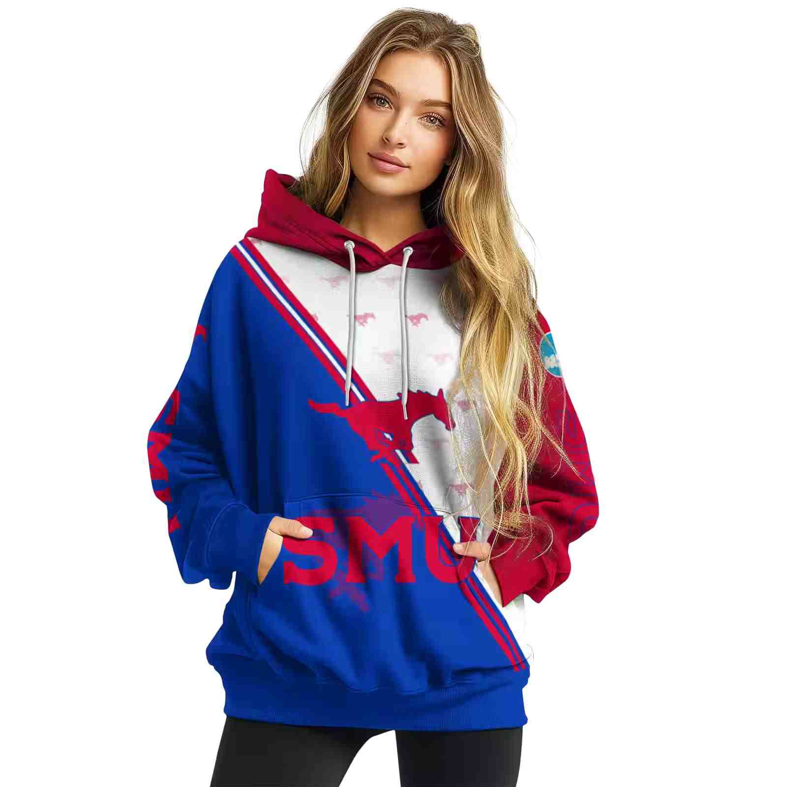 smu mustangs diagonal stripe blue white hoodie high quality