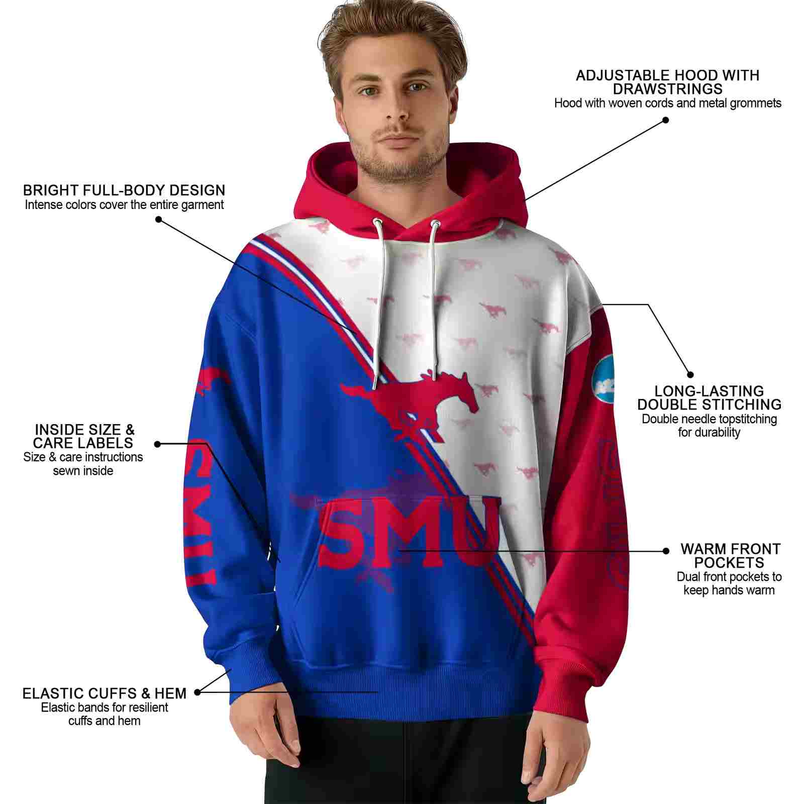 smu mustangs diagonal stripe blue white hoodie latest model