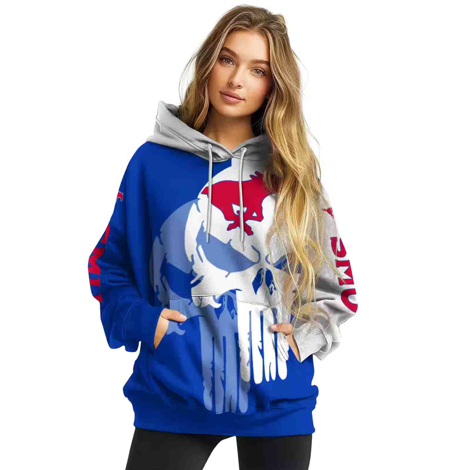 smu mustangs graphic punisher blue white hoodie high quality