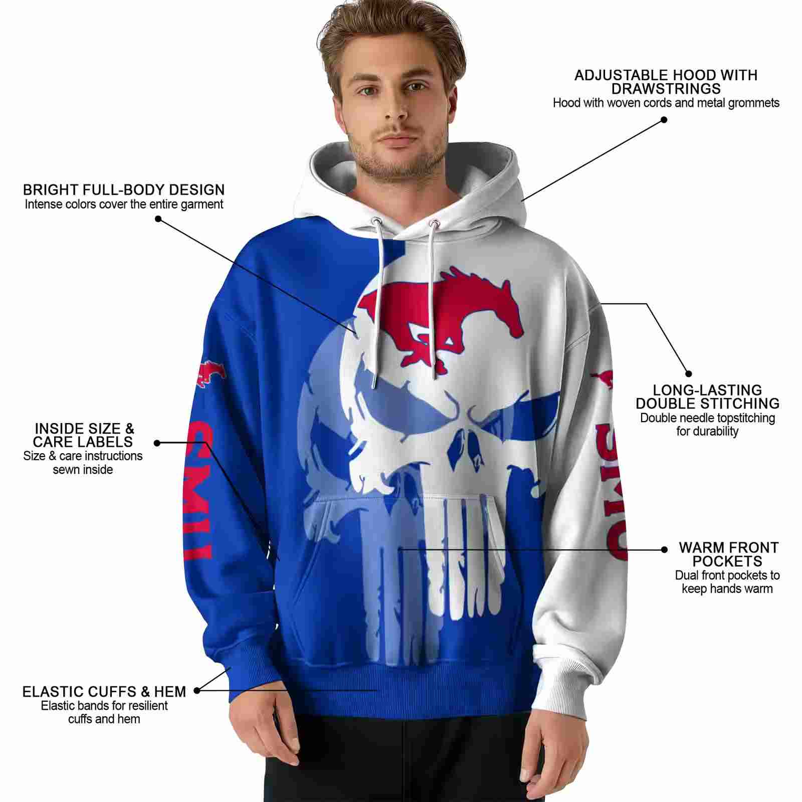 smu mustangs graphic punisher blue white hoodie latest model