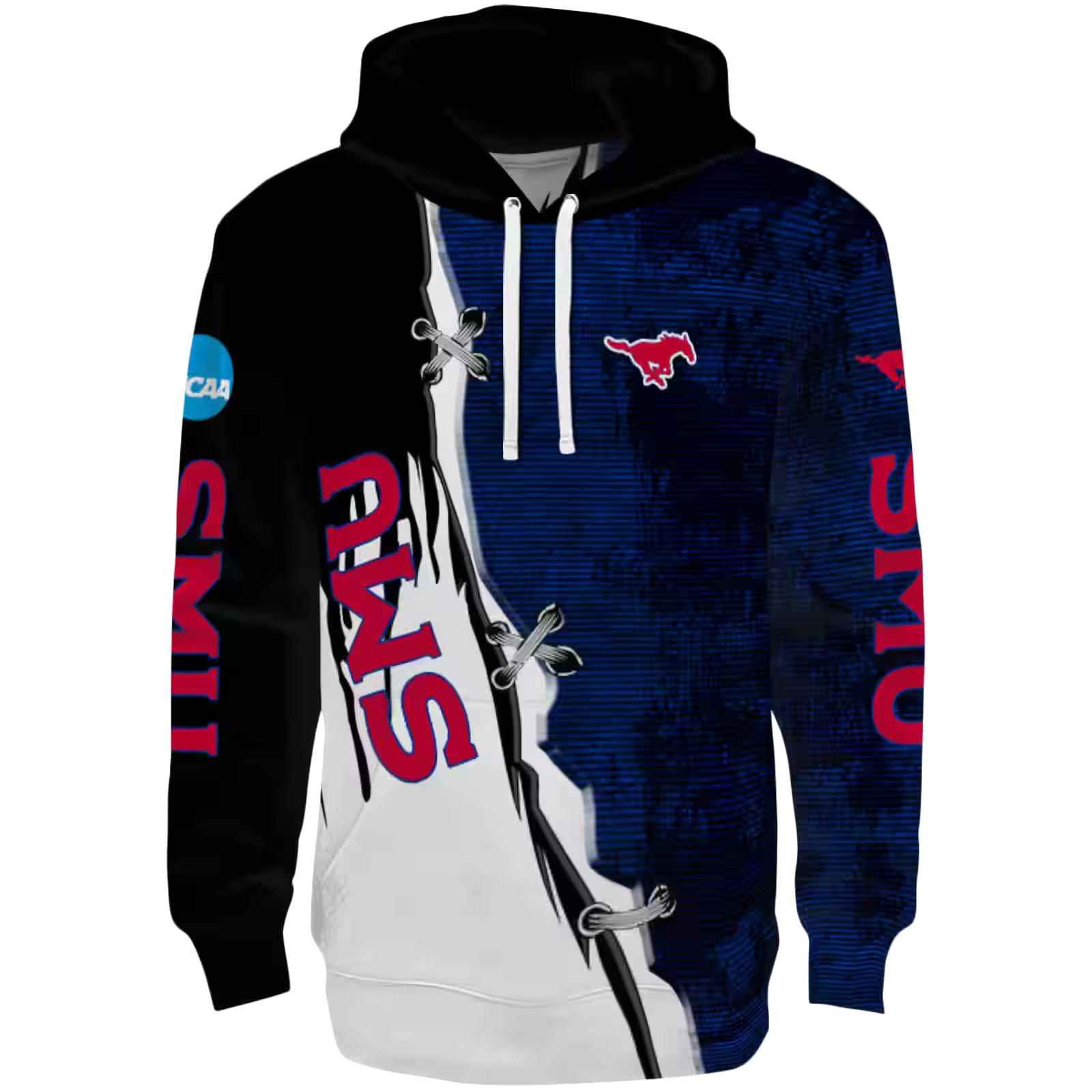 SMU Mustangs Ripped Pattern Blue Black White Hoodie