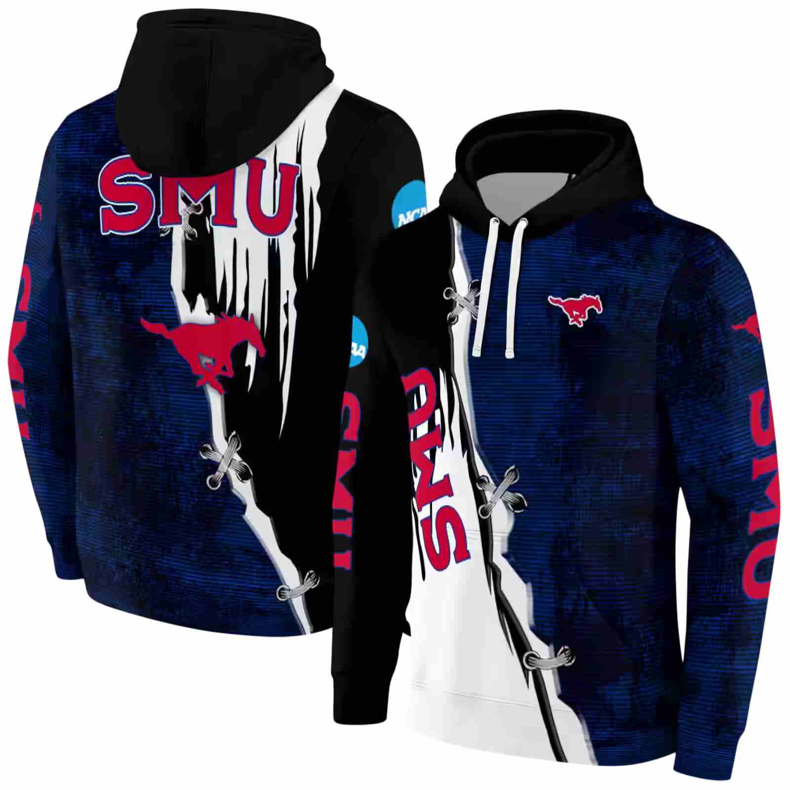 smu mustangs ripped pattern blue black white hoodie fashion forward