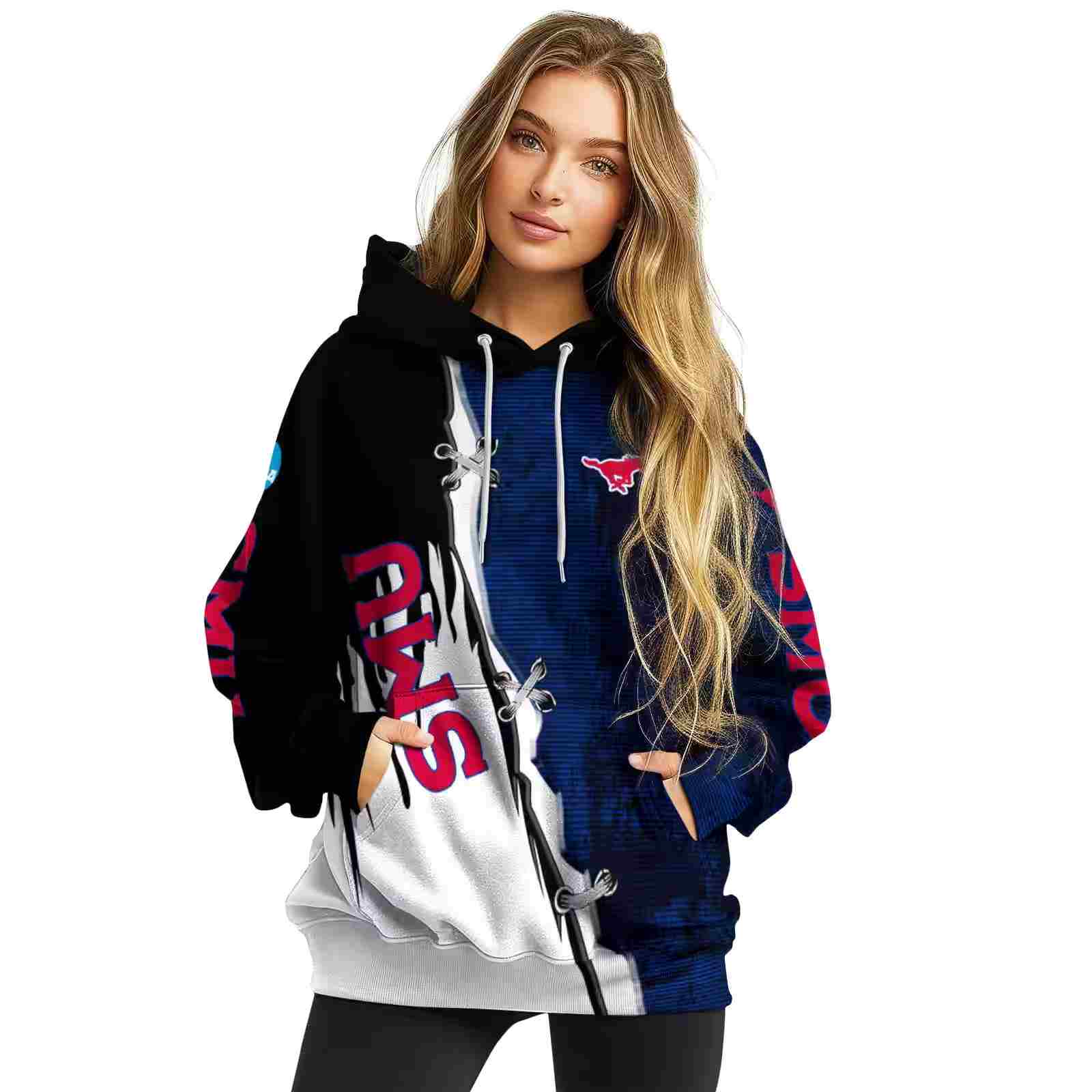 smu mustangs ripped pattern blue black white hoodie high quality