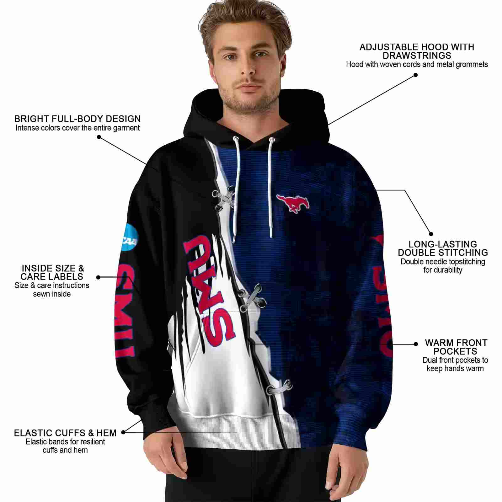 smu mustangs ripped pattern blue black white hoodie latest model