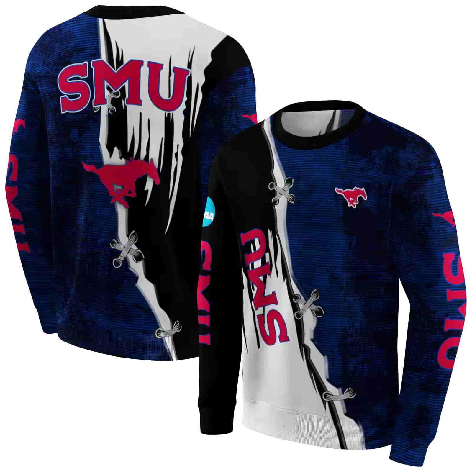 smu mustangs ripped pattern blue black white hoodie premium grade