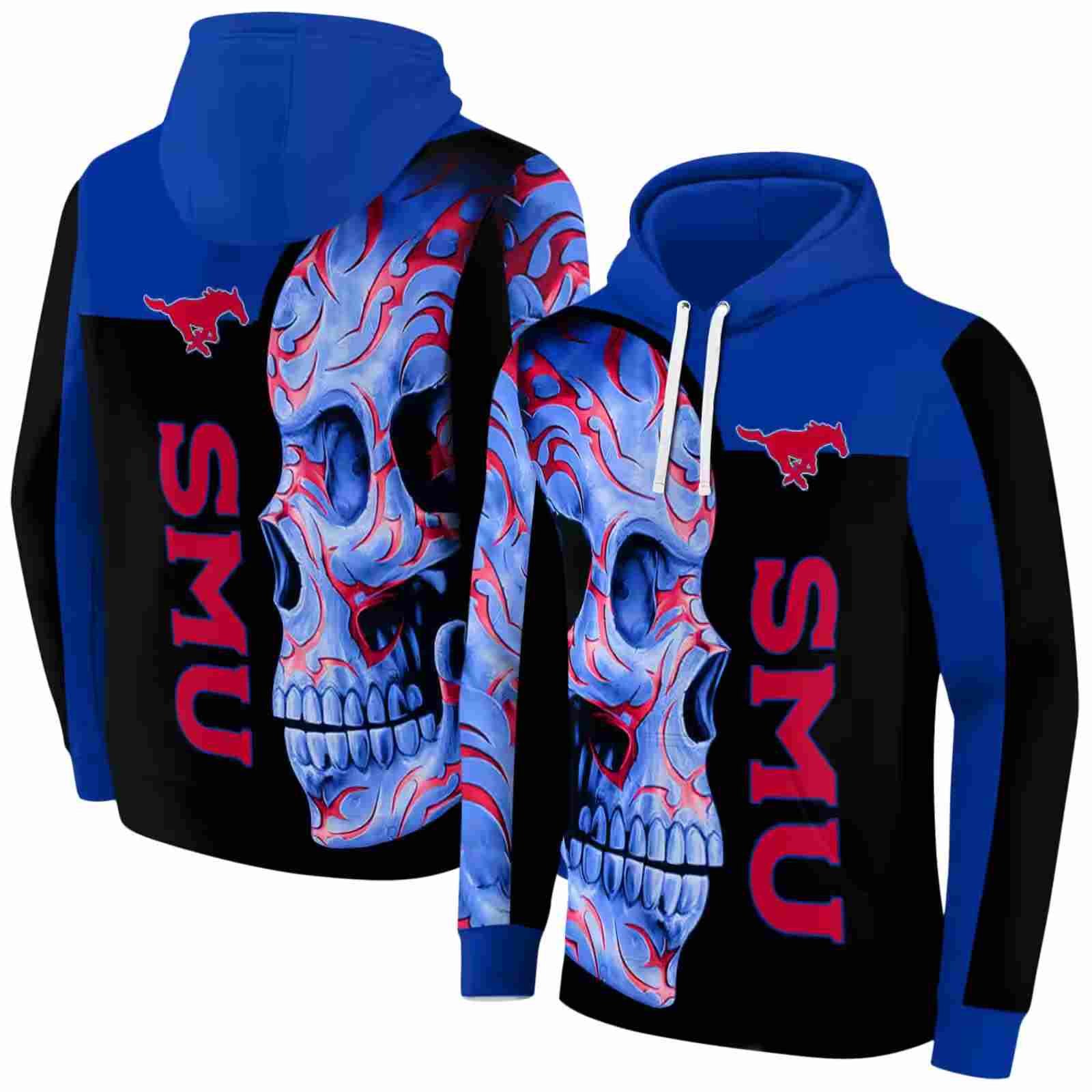 smu mustangs skull motif blue black hoodie fashion forward