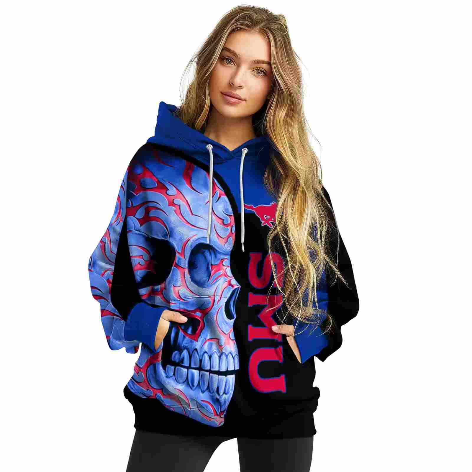 smu mustangs skull motif blue black hoodie high quality