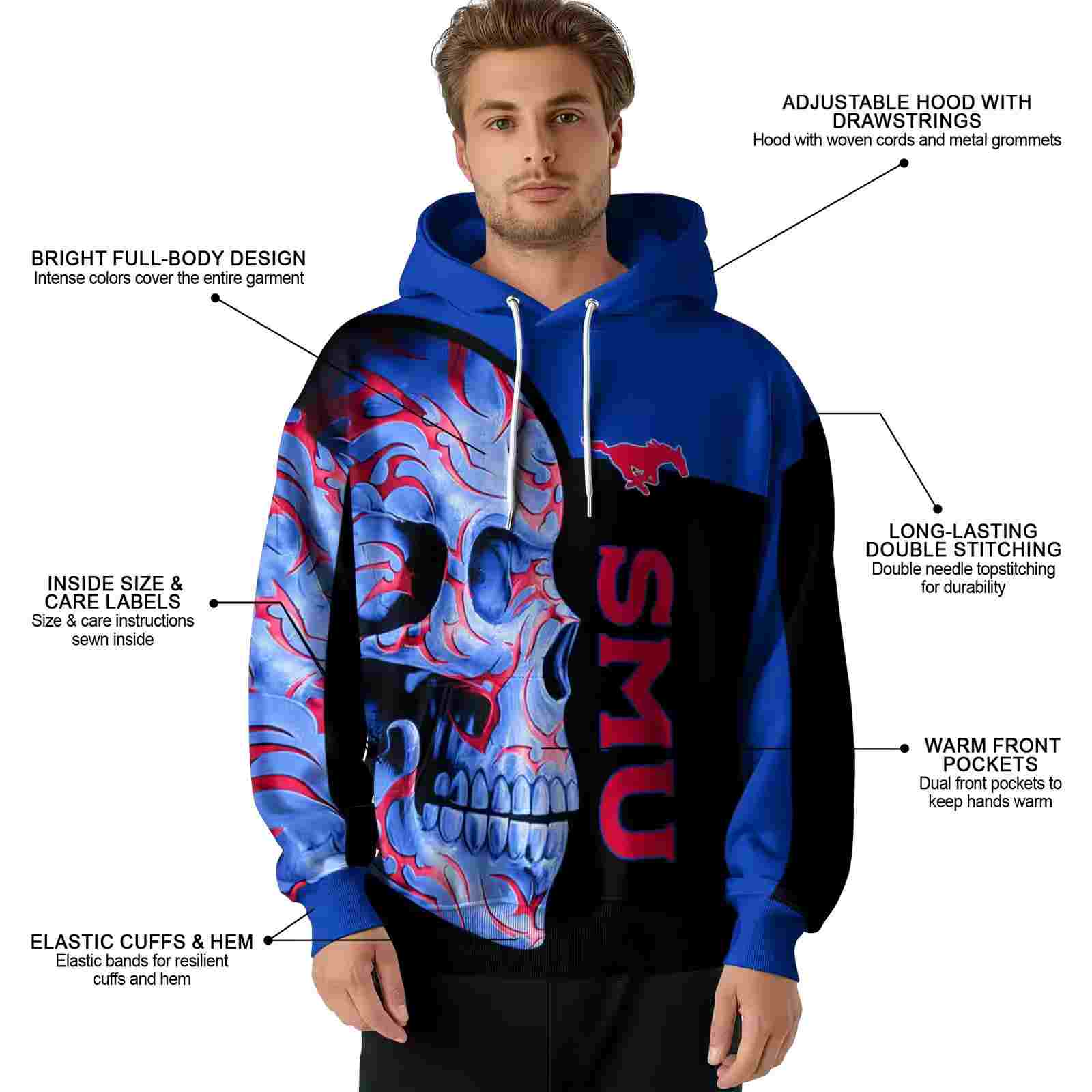 smu mustangs skull motif blue black hoodie latest model