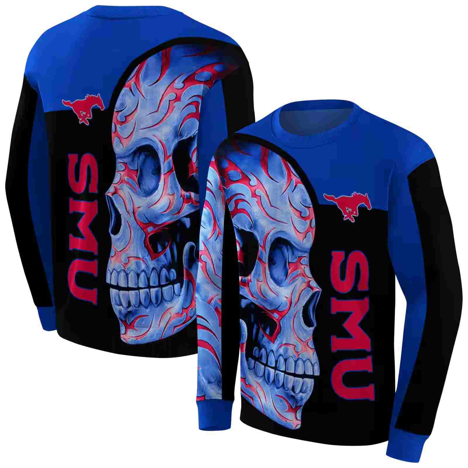 smu mustangs skull motif blue black hoodie premium grade