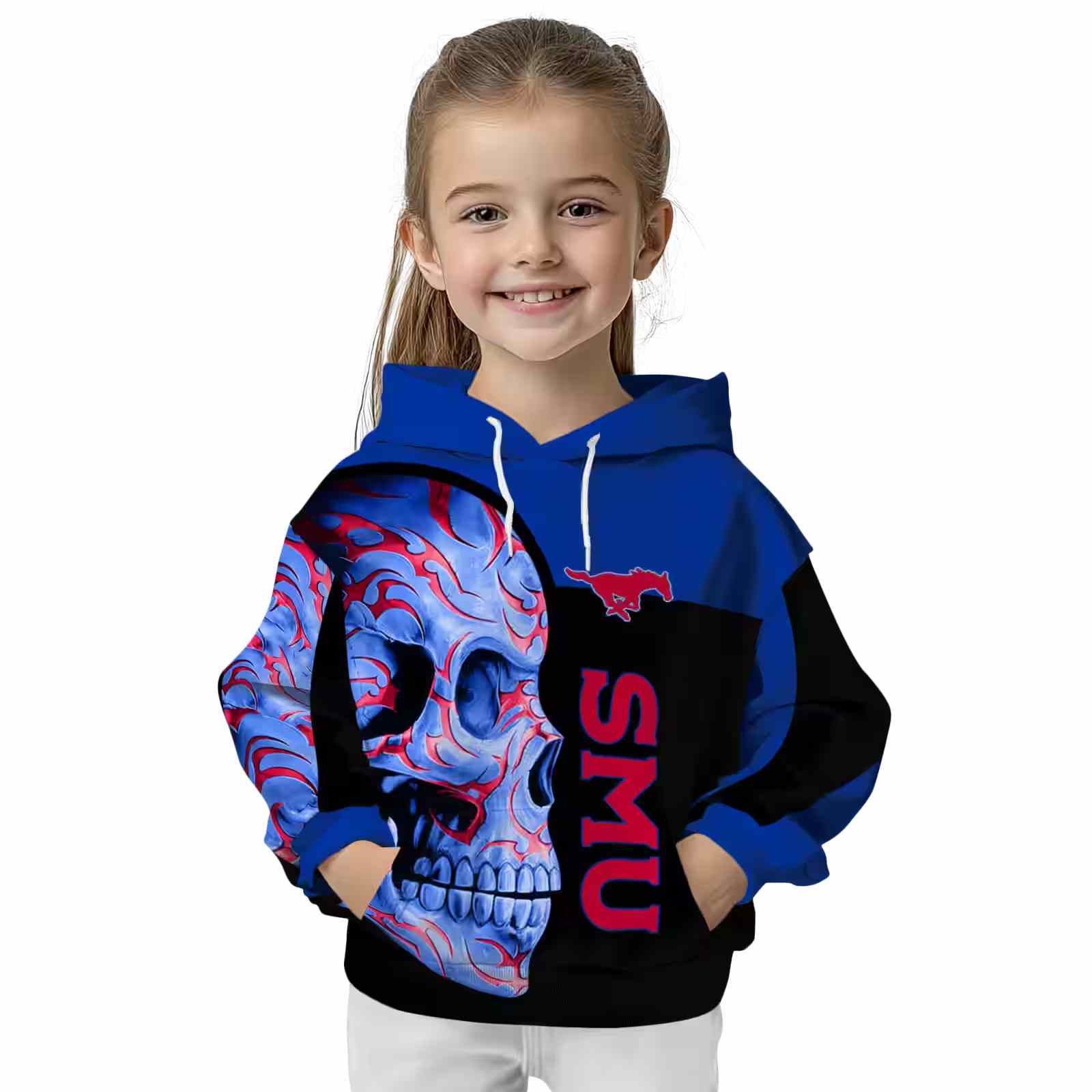 smu mustangs skull motif blue black hoodie top rated