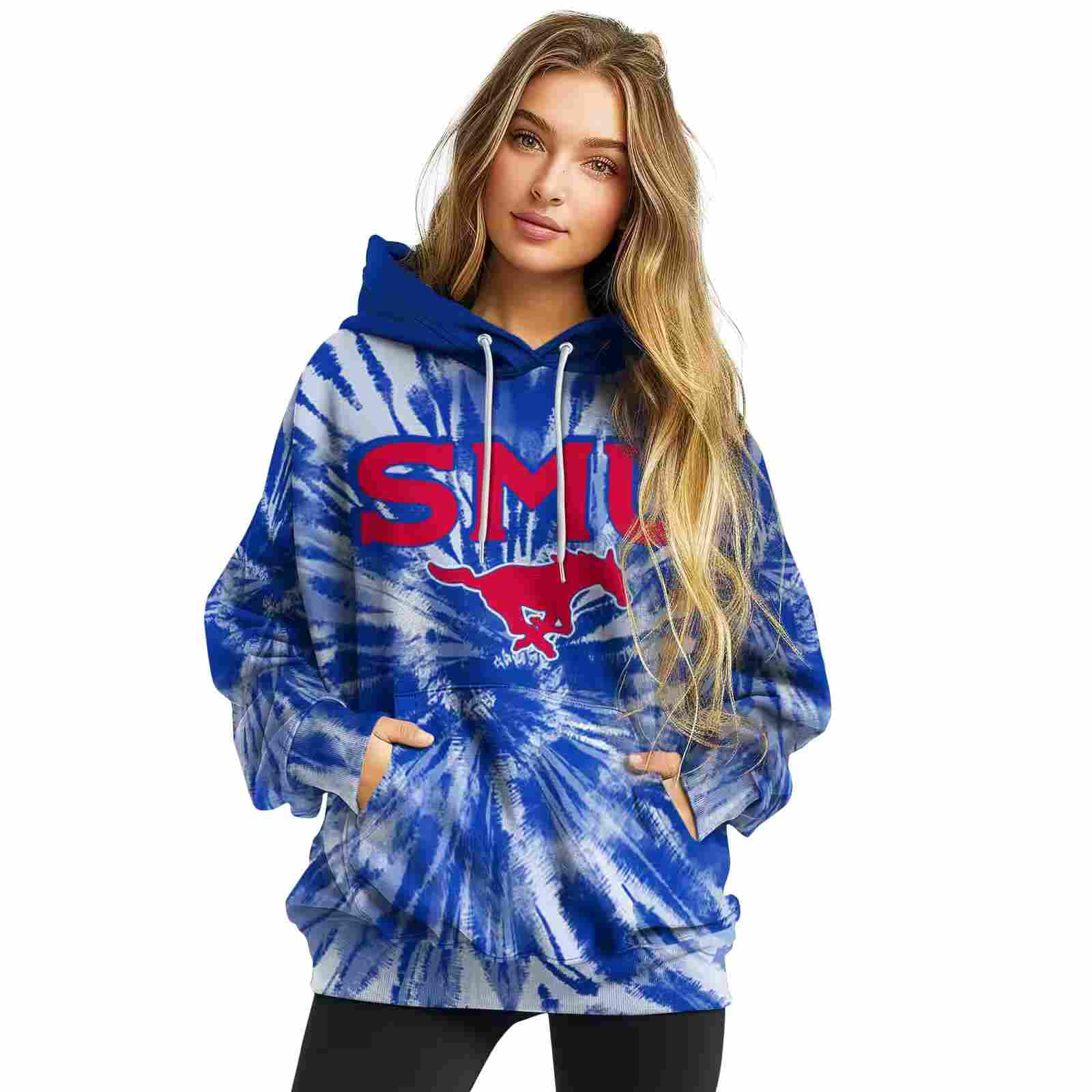 smu mustangs tie dye pattern blue hoodie high quality