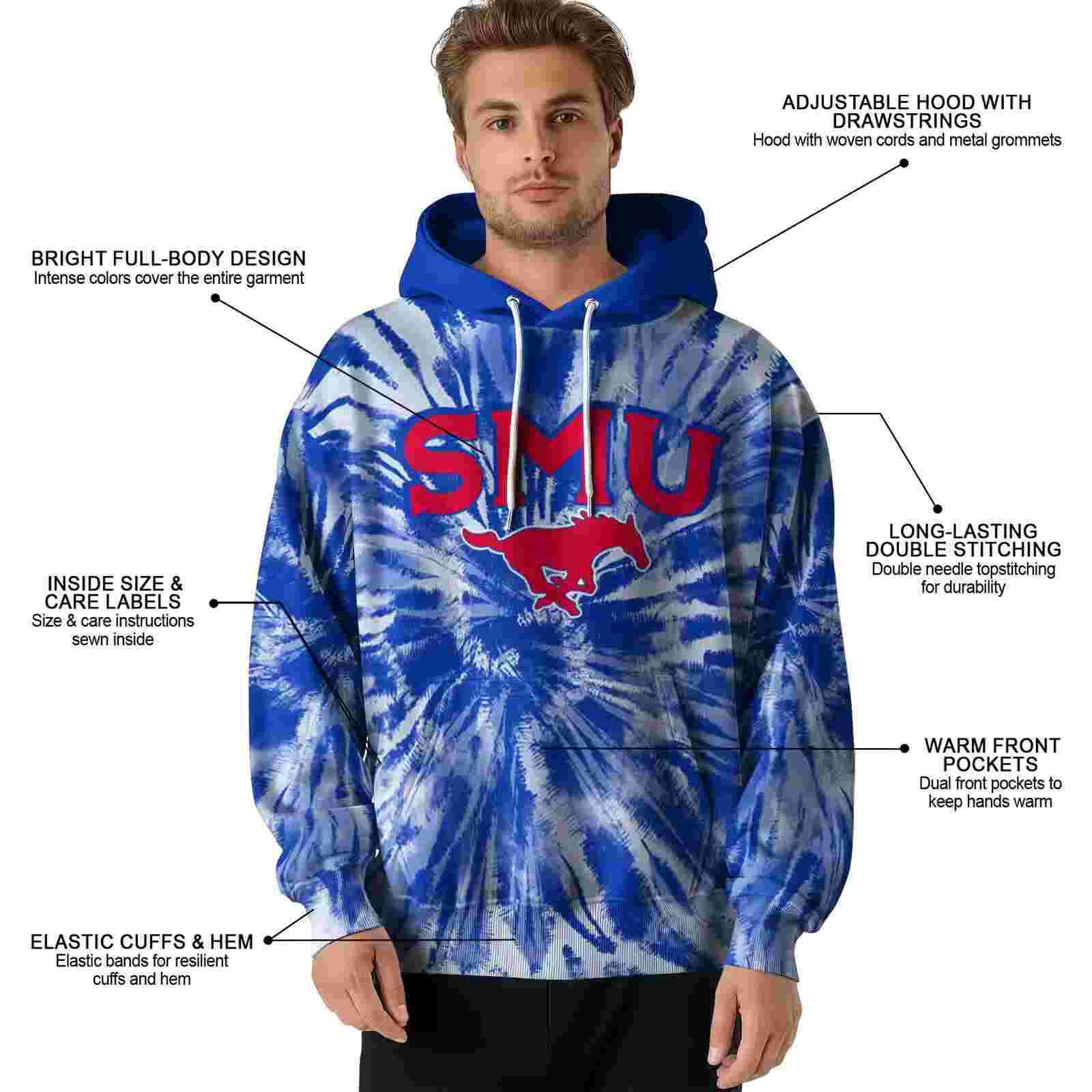 smu mustangs tie dye pattern blue hoodie latest model