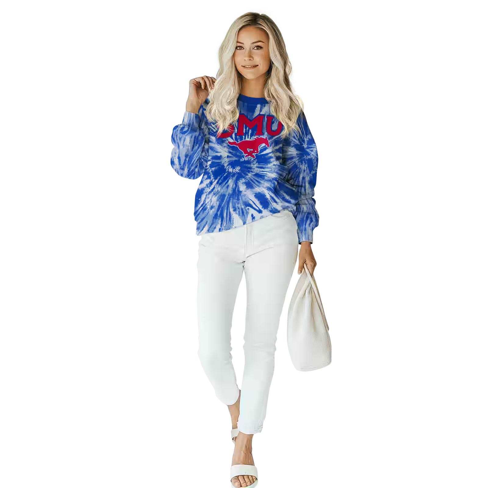 smu mustangs tie dye pattern blue hoodie trendy