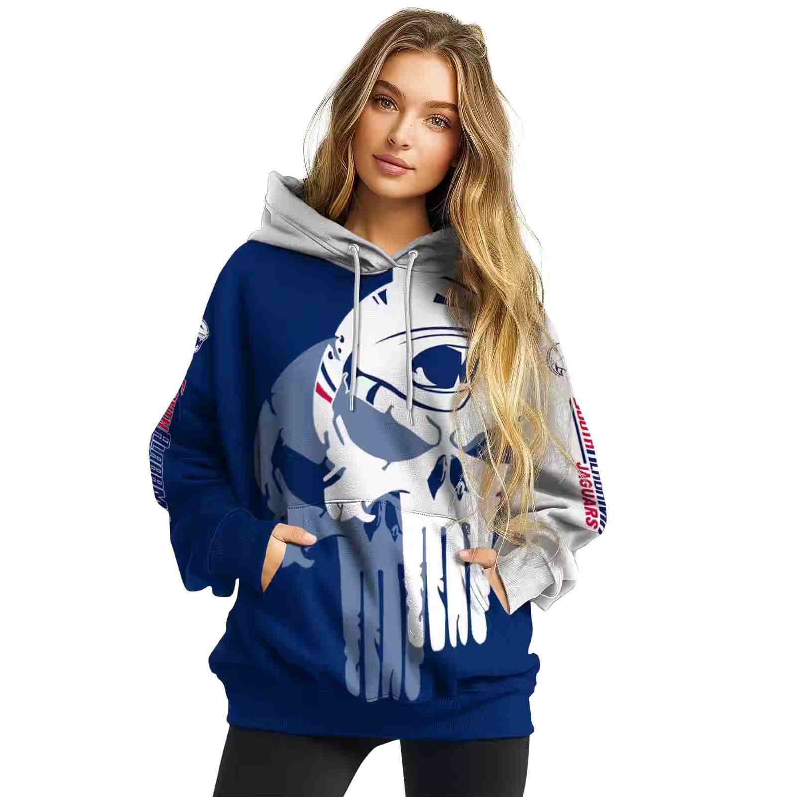 south alabama jaguars graphic punisher blue white hoodie high quality