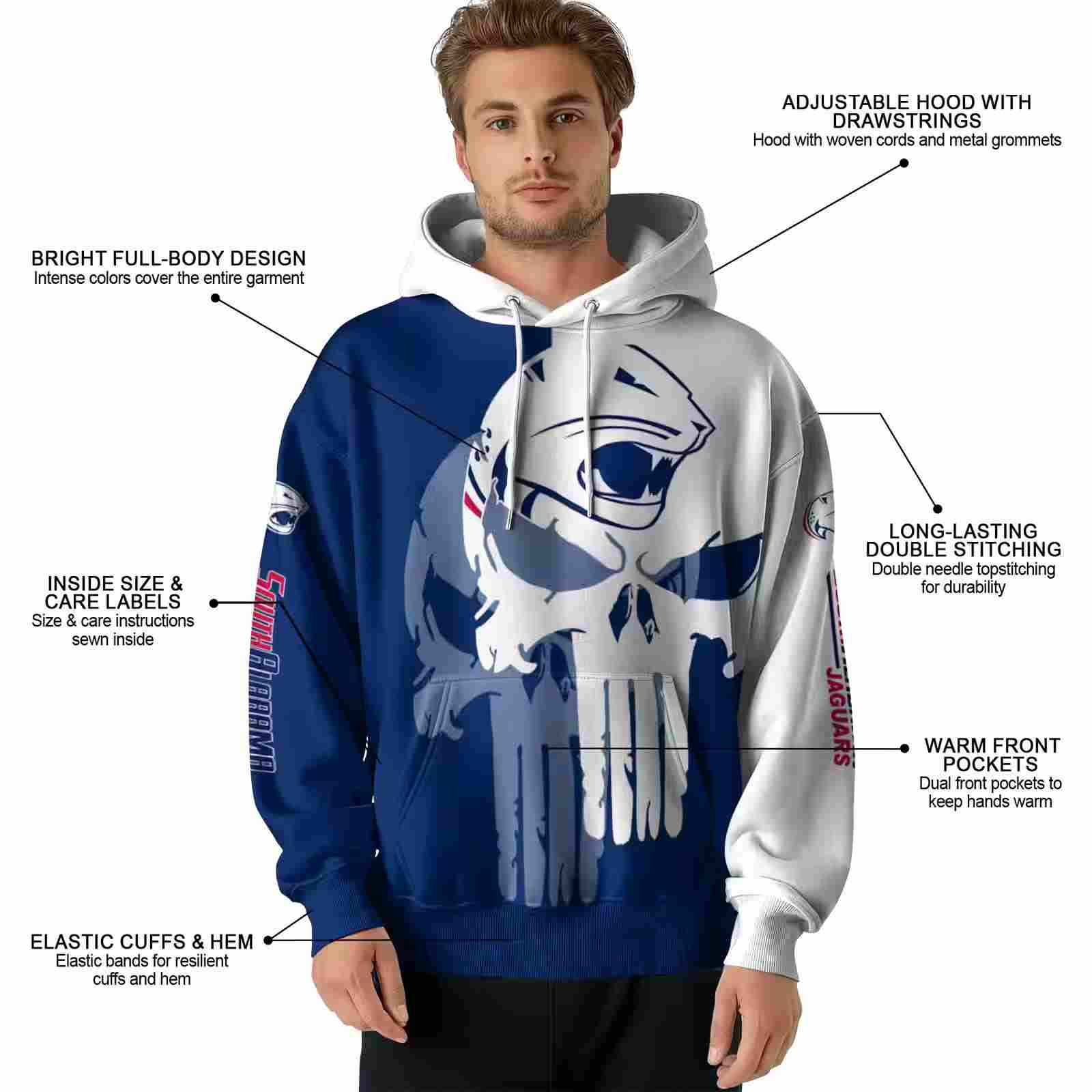 south alabama jaguars graphic punisher blue white hoodie latest model