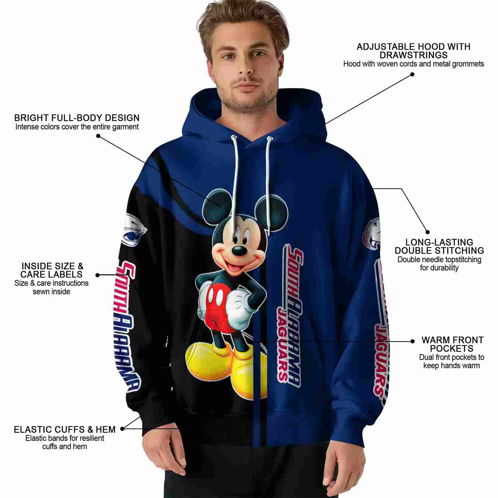 south alabama jaguars mickey mouse blue black hoodie latest model