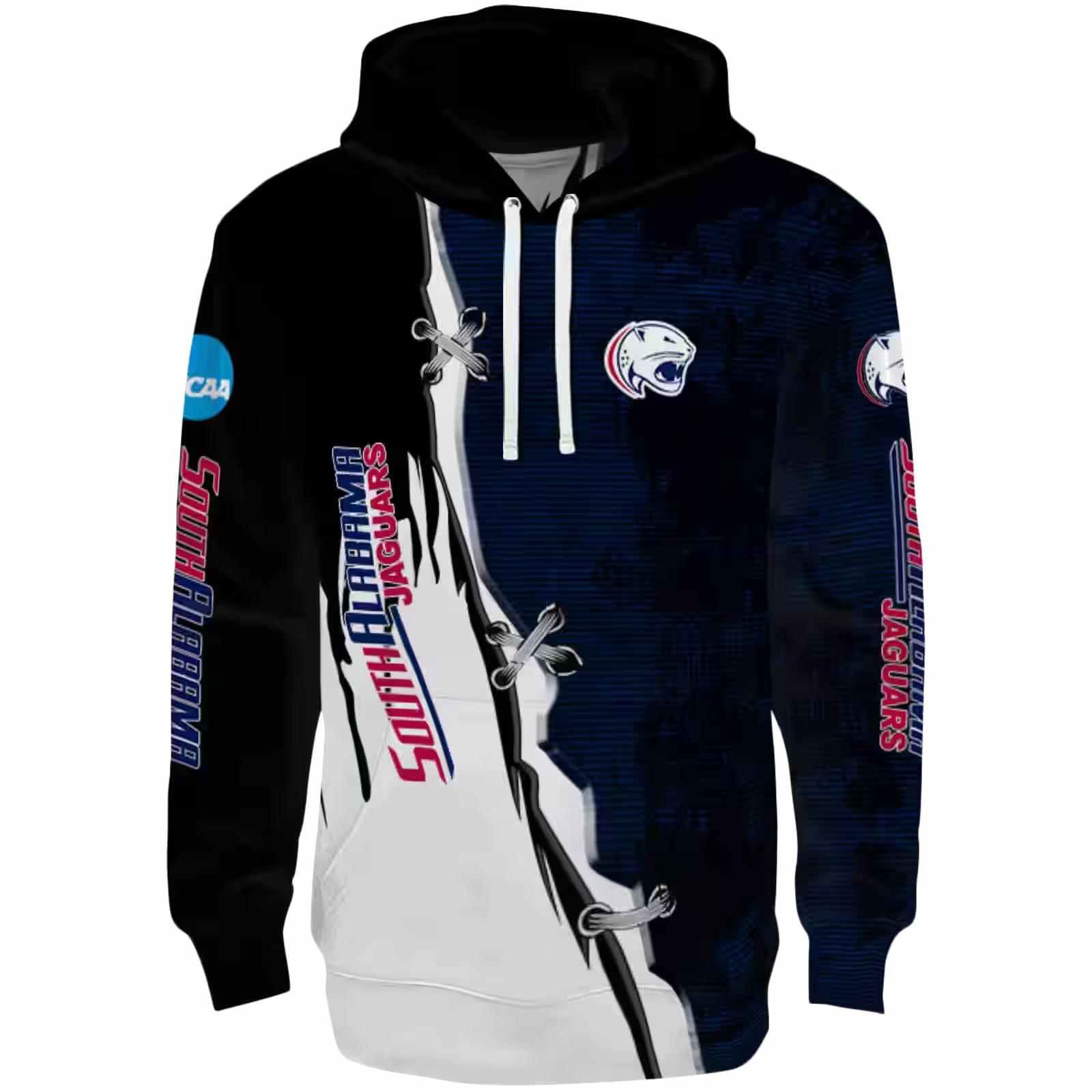 South Alabama Jaguars Ripped Pattern Blue Black White Hoodie