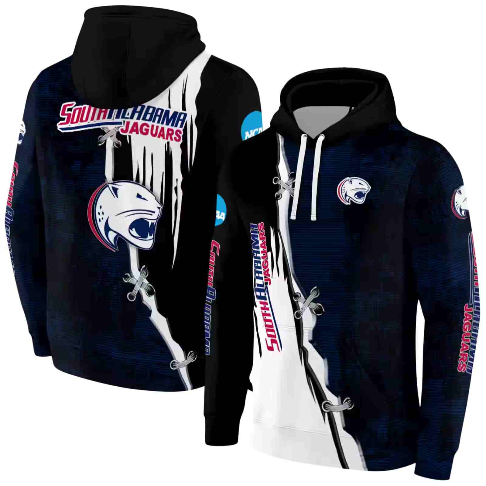 south alabama jaguars ripped pattern blue black white hoodie fashion forward