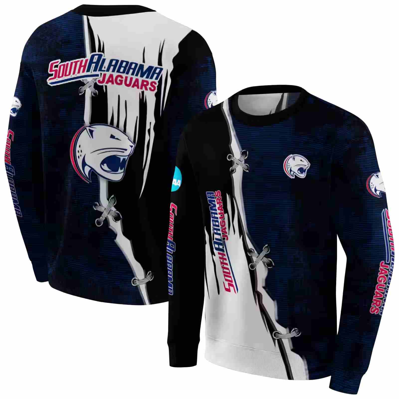 south alabama jaguars ripped pattern blue black white hoodie premium grade