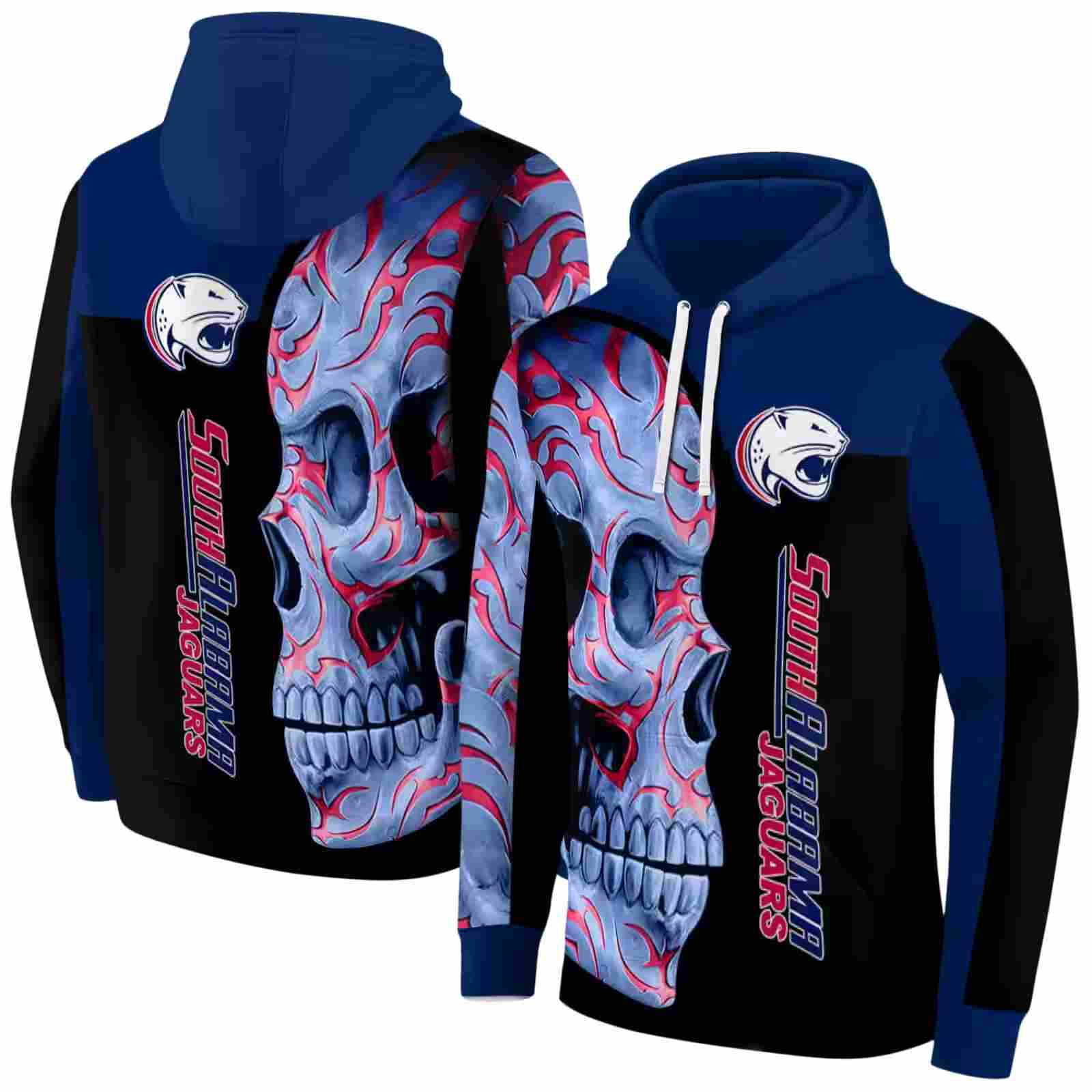 south alabama jaguars skull motif blue black hoodie fashion forward