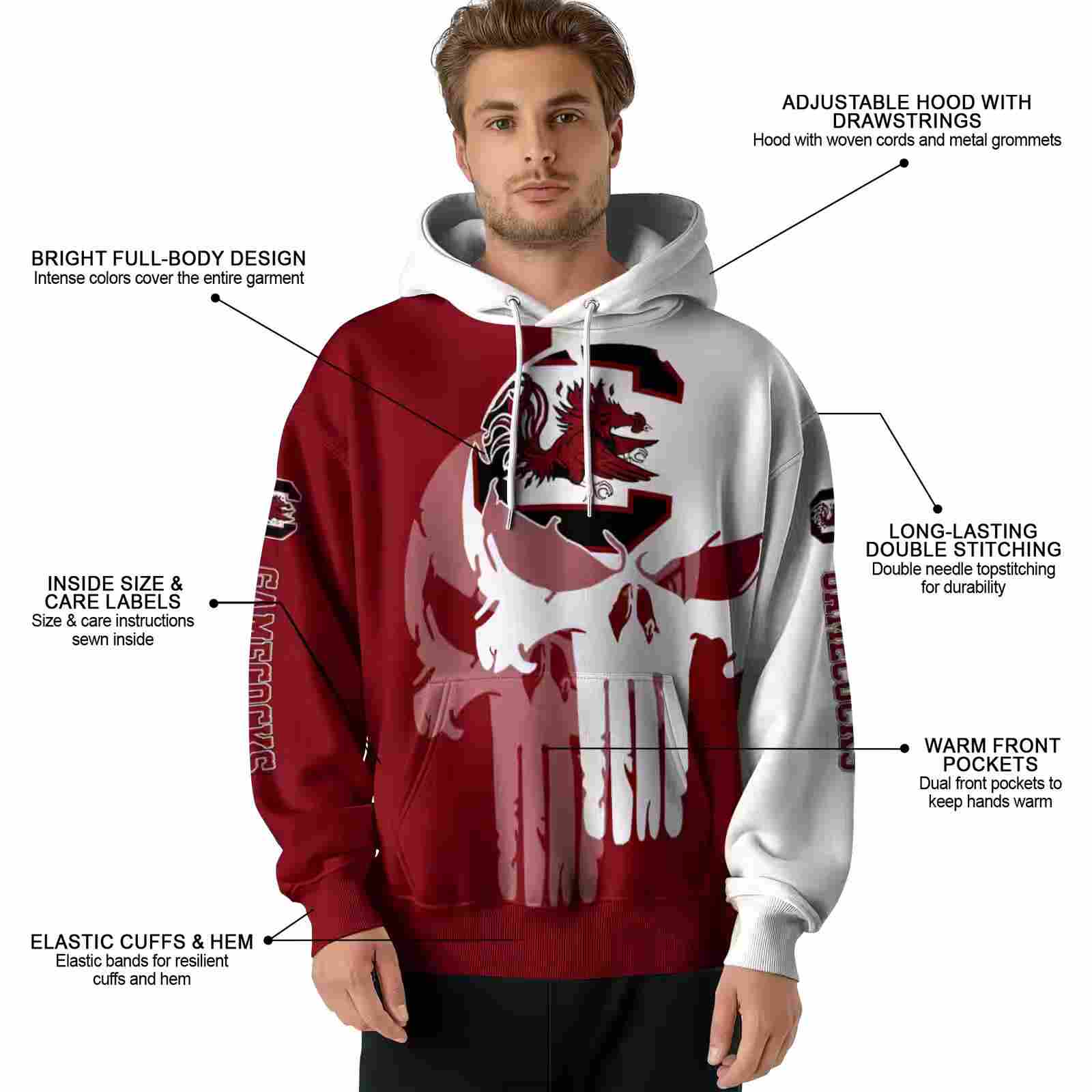 south carolina gamecocks graphic punisher garnet white hoodie latest model