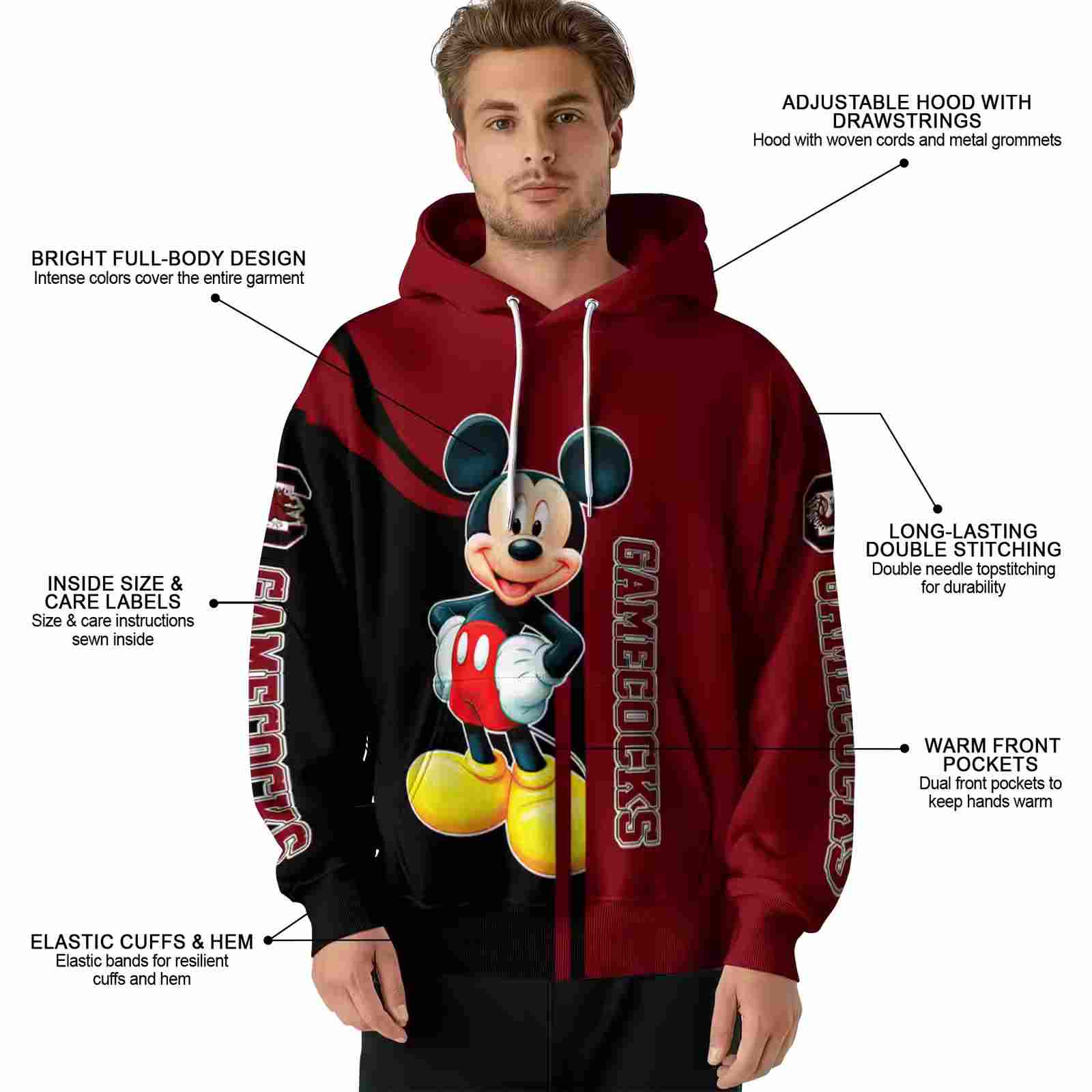 south carolina gamecocks mickey mouse garnet black hoodie latest model