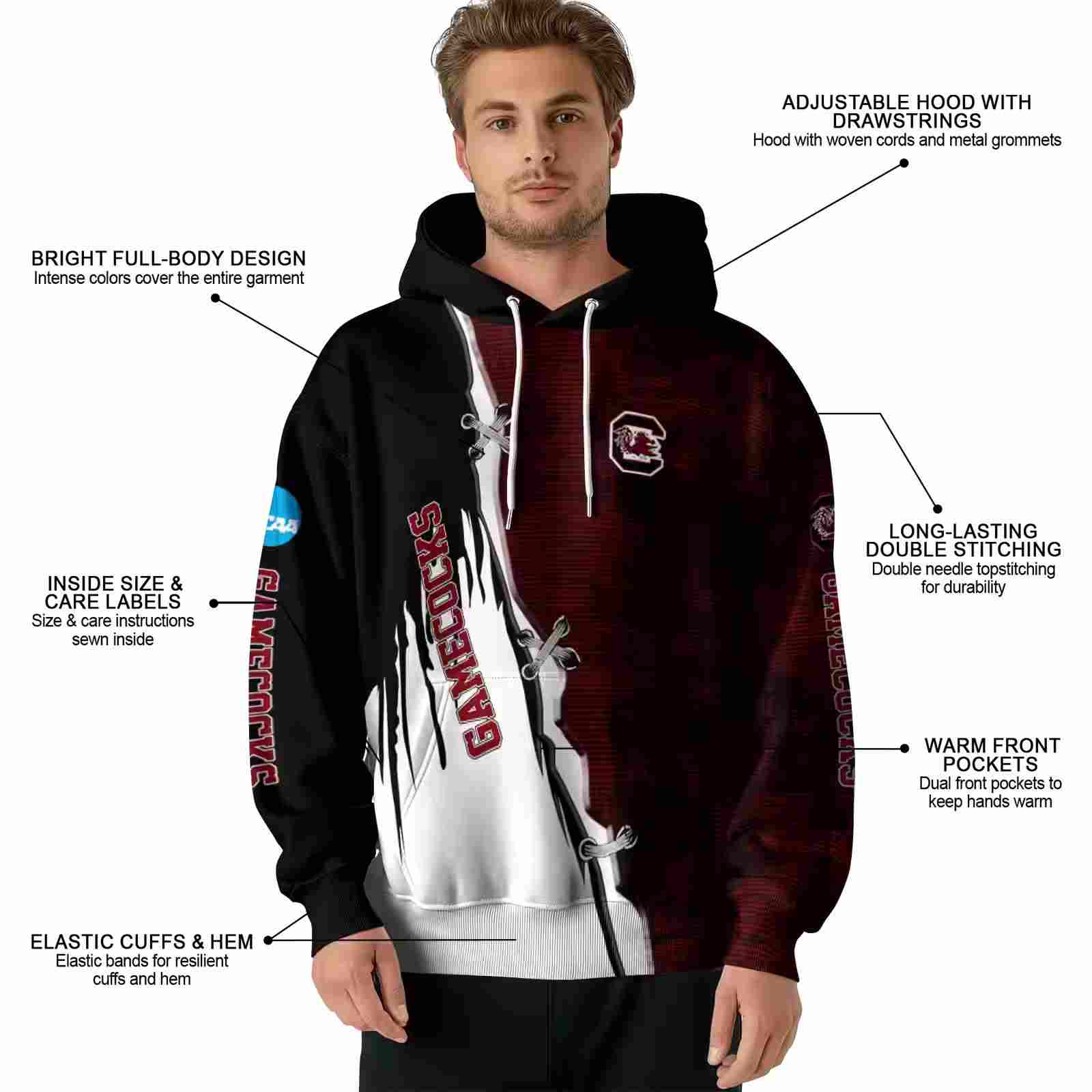 south carolina gamecocks ripped pattern garnet black white hoodie latest model