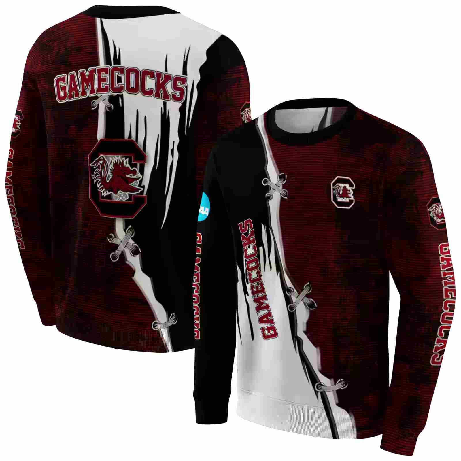 south carolina gamecocks ripped pattern garnet black white hoodie premium grade