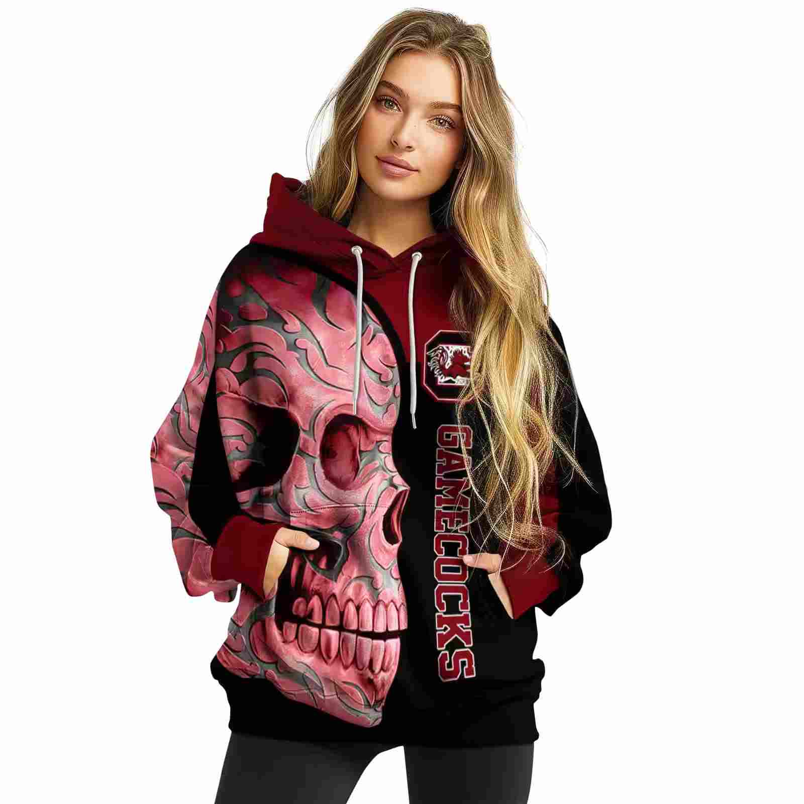 south carolina gamecocks skull motif garnet black hoodie high quality