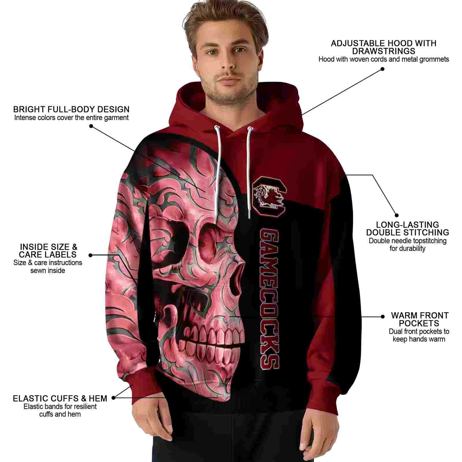 south carolina gamecocks skull motif garnet black hoodie latest model