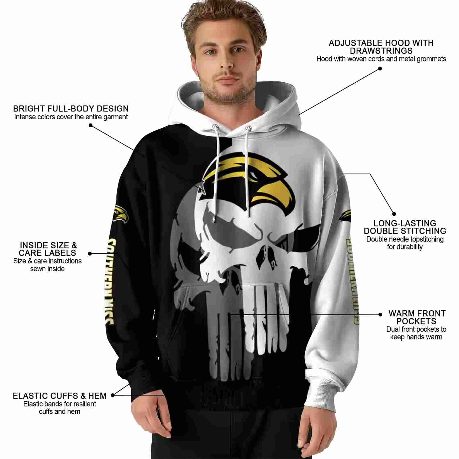 southern miss golden eagles graphic punisher black white hoodie latest model