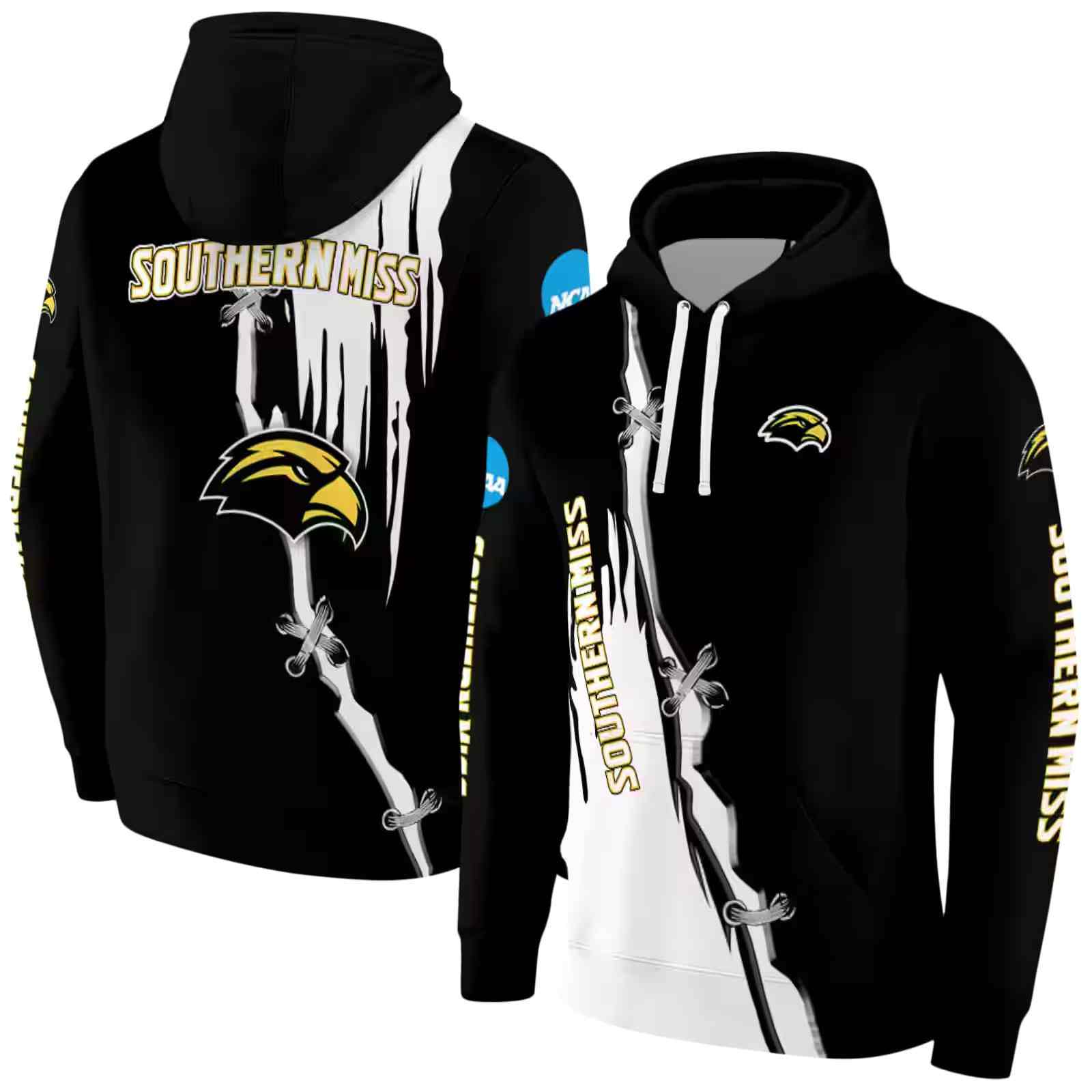 southern miss golden eagles ripped pattern black white hoodie fashion forward