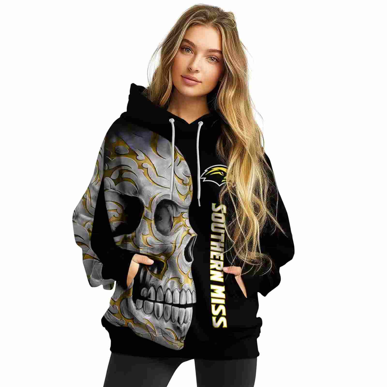 southern miss golden eagles skull motif black hoodie high quality