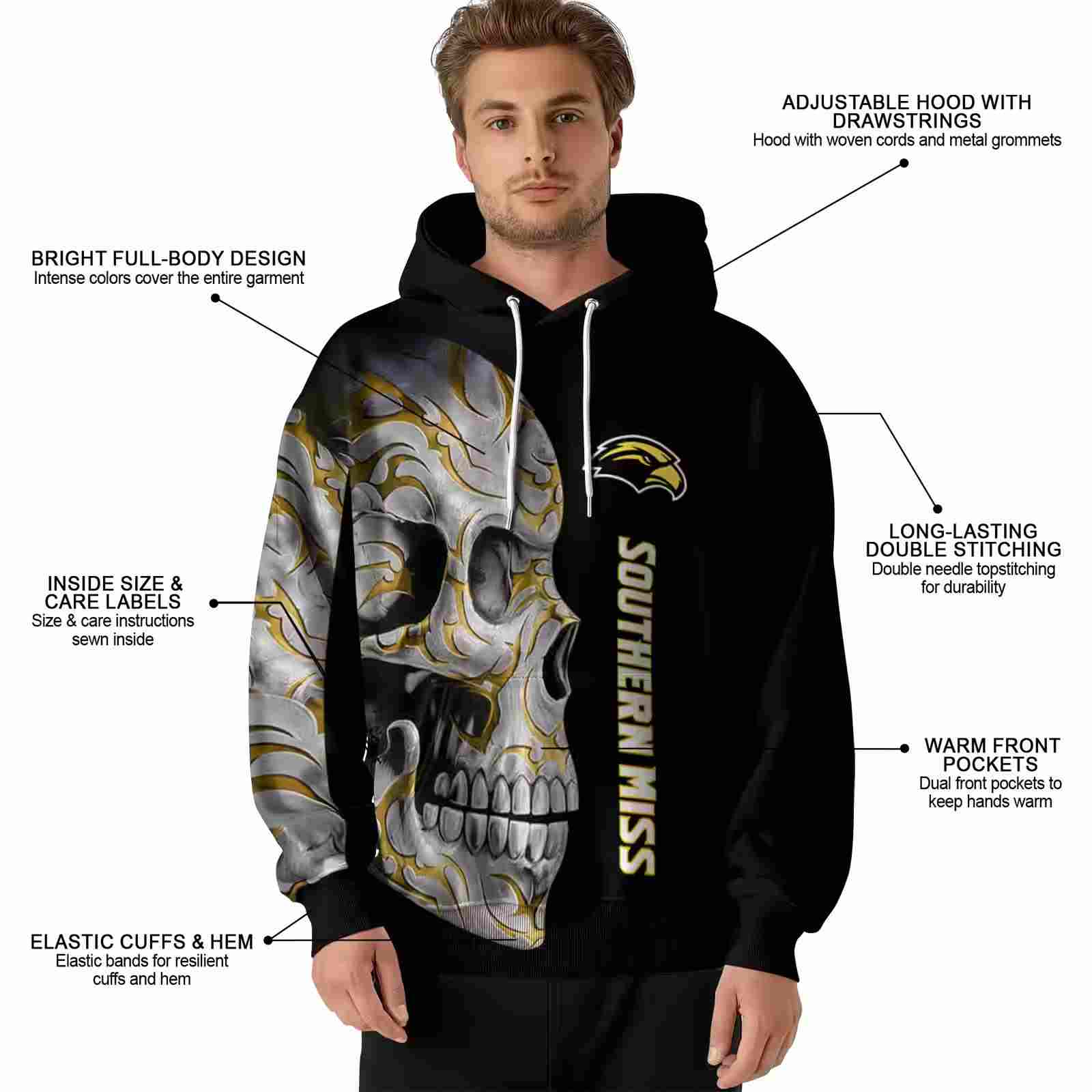 southern miss golden eagles skull motif black hoodie latest model