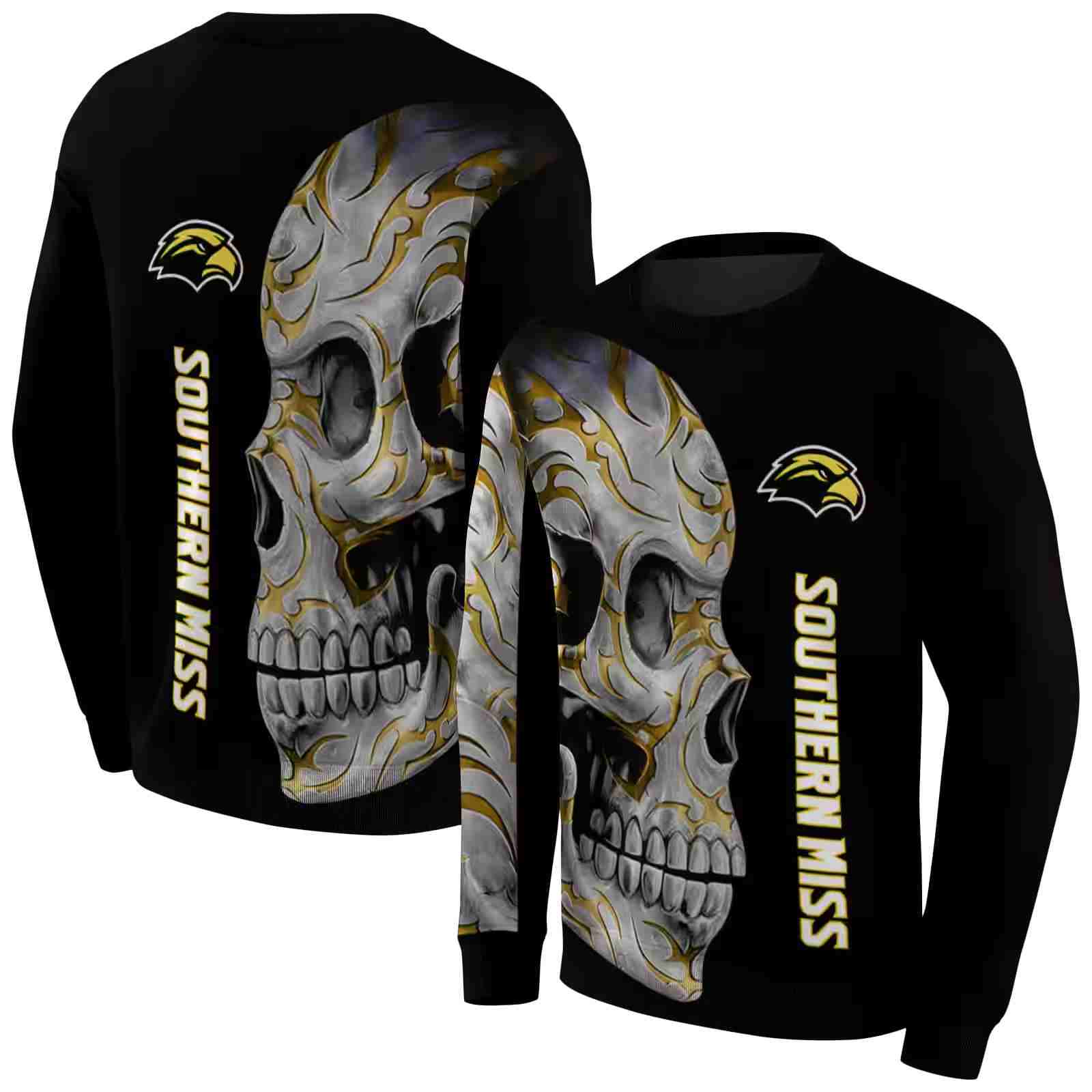 southern miss golden eagles skull motif black hoodie premium grade