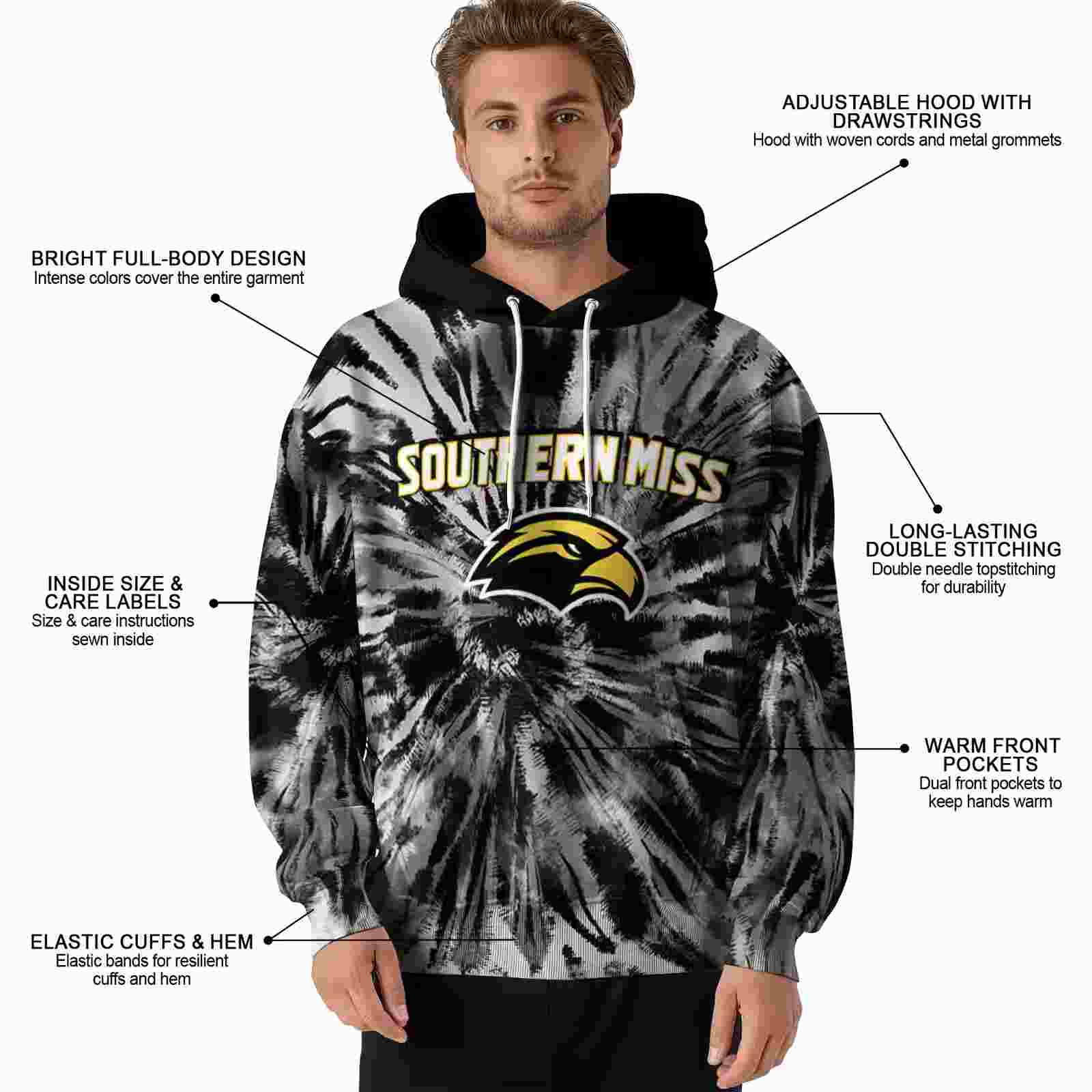 southern miss golden eagles tie dye pattern black hoodie latest model