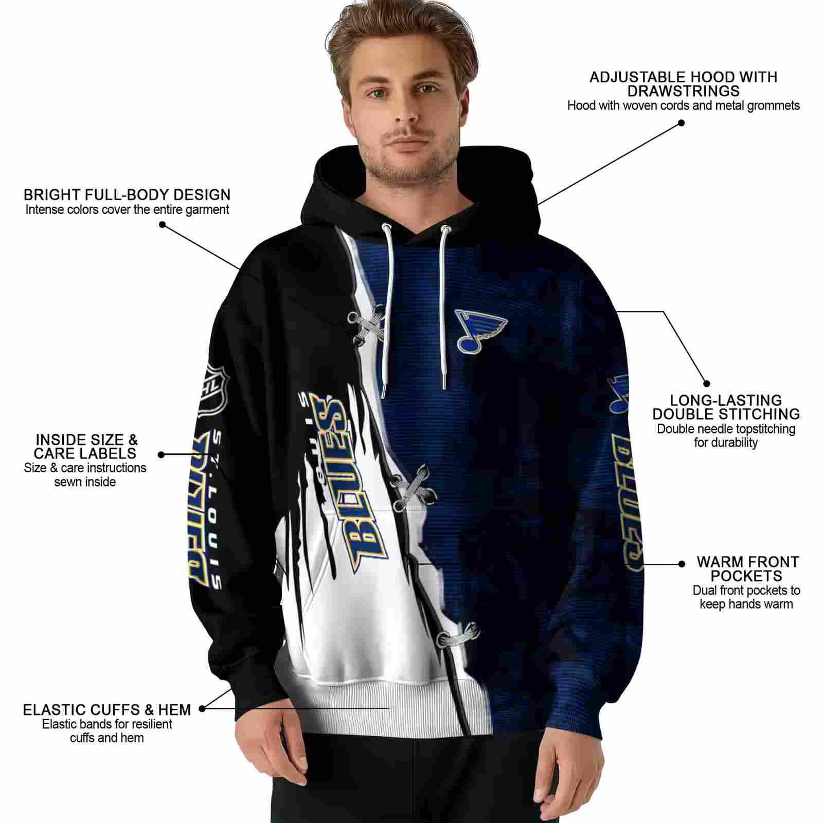 st louis blues ripped pattern blue black white hoodie latest model