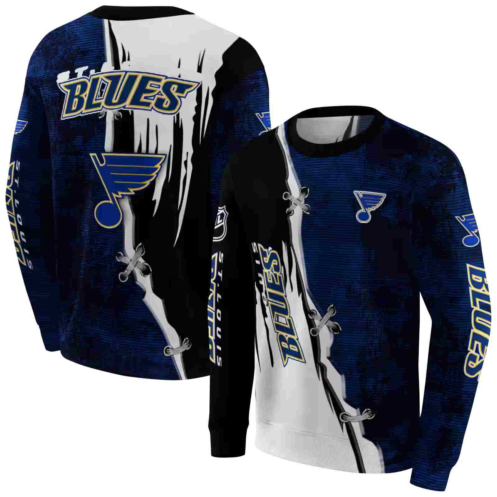 st louis blues ripped pattern blue black white hoodie premium grade