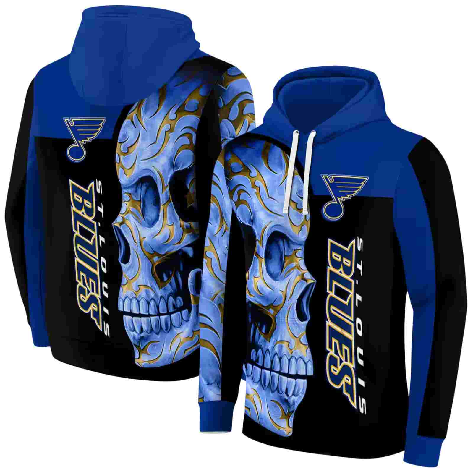 st louis blues skull motif blue black hoodie fashion forward