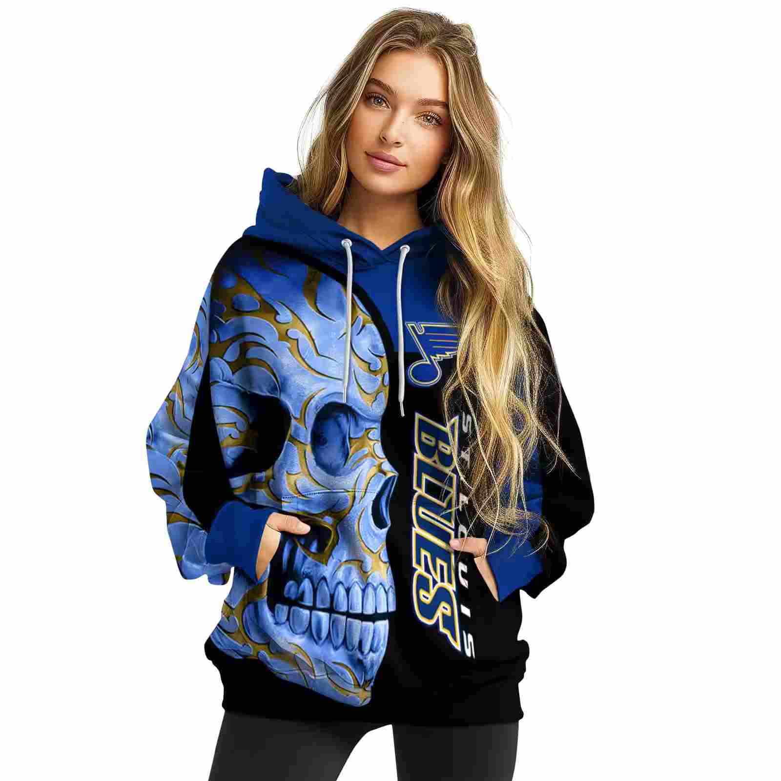 st louis blues skull motif blue black hoodie high quality