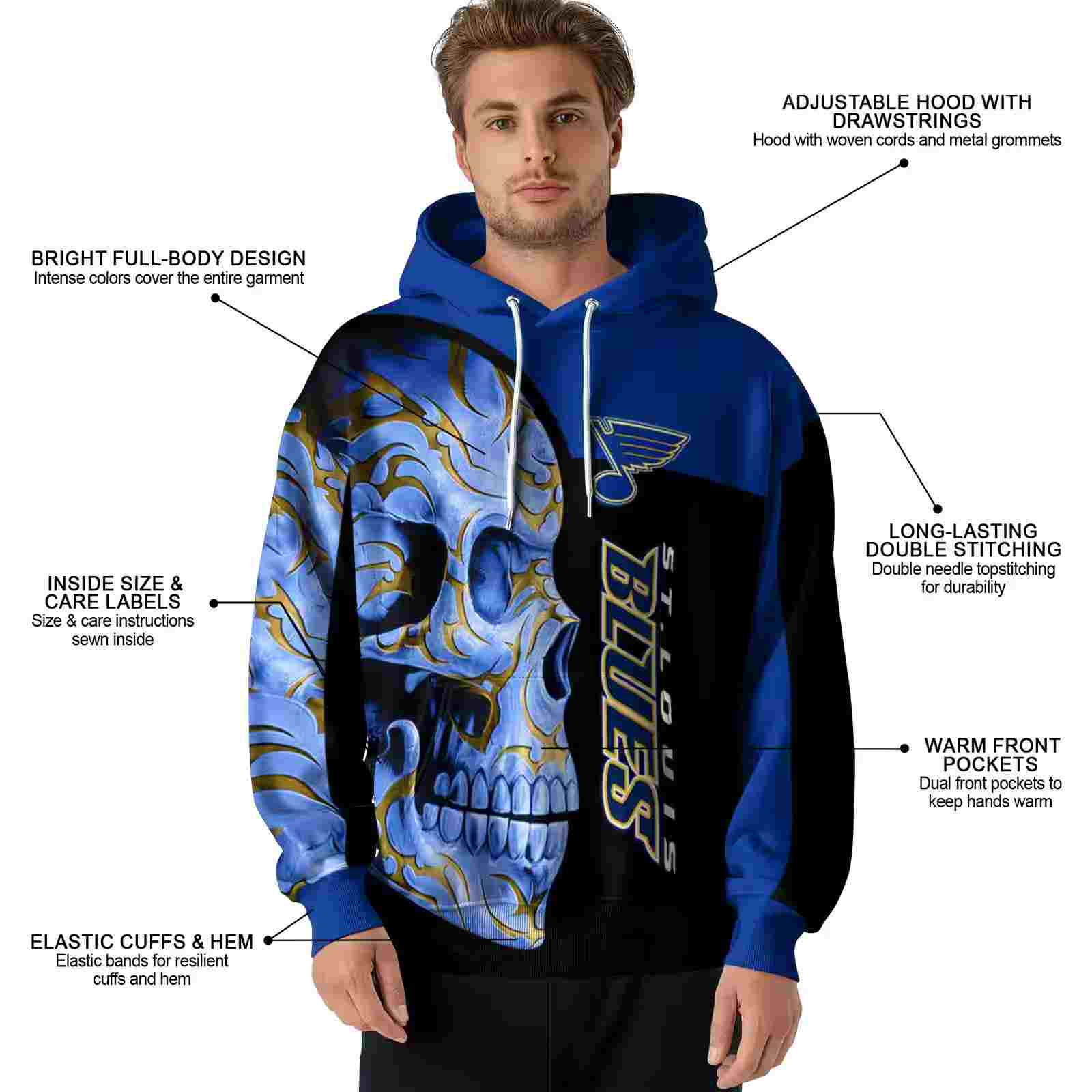 st louis blues skull motif blue black hoodie latest model