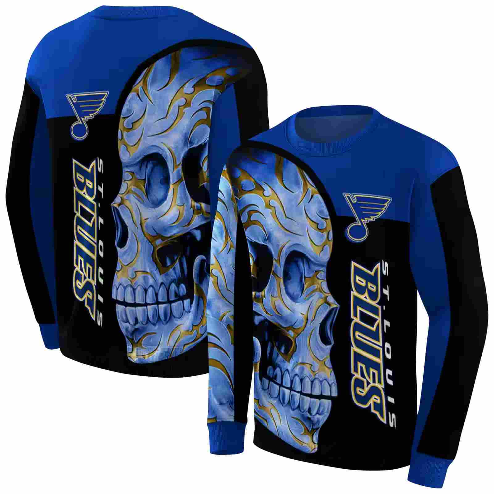 st louis blues skull motif blue black hoodie premium grade